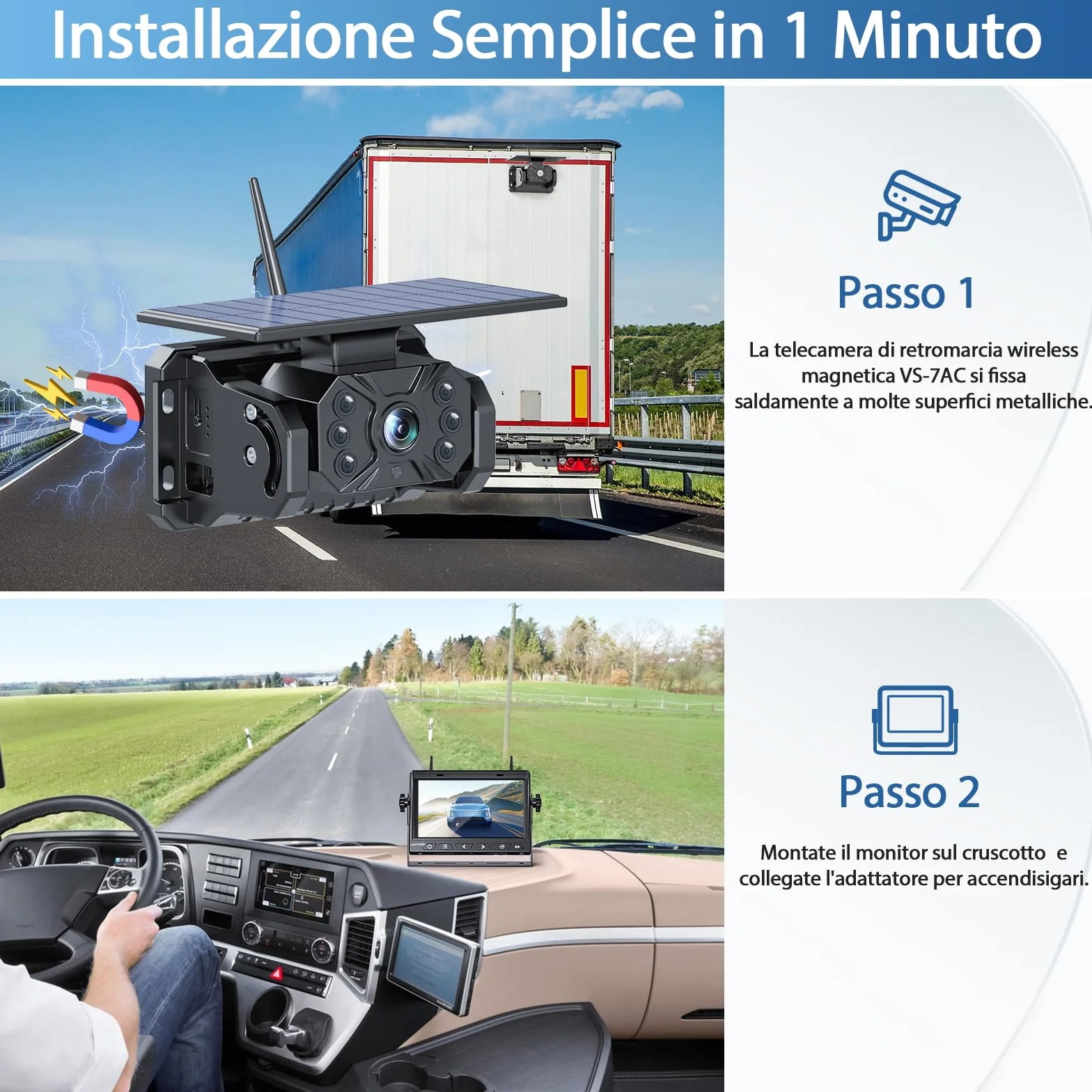 Retrocamera Auto Wireless Solare, Magnetica Telecamera Retromarcia con 10000mAh Batteria Ricaricabile, 7 Pollici 1080P Monitor, 170° Grand Angolare, per Camion, Auto, Roulotte(VS-7A)