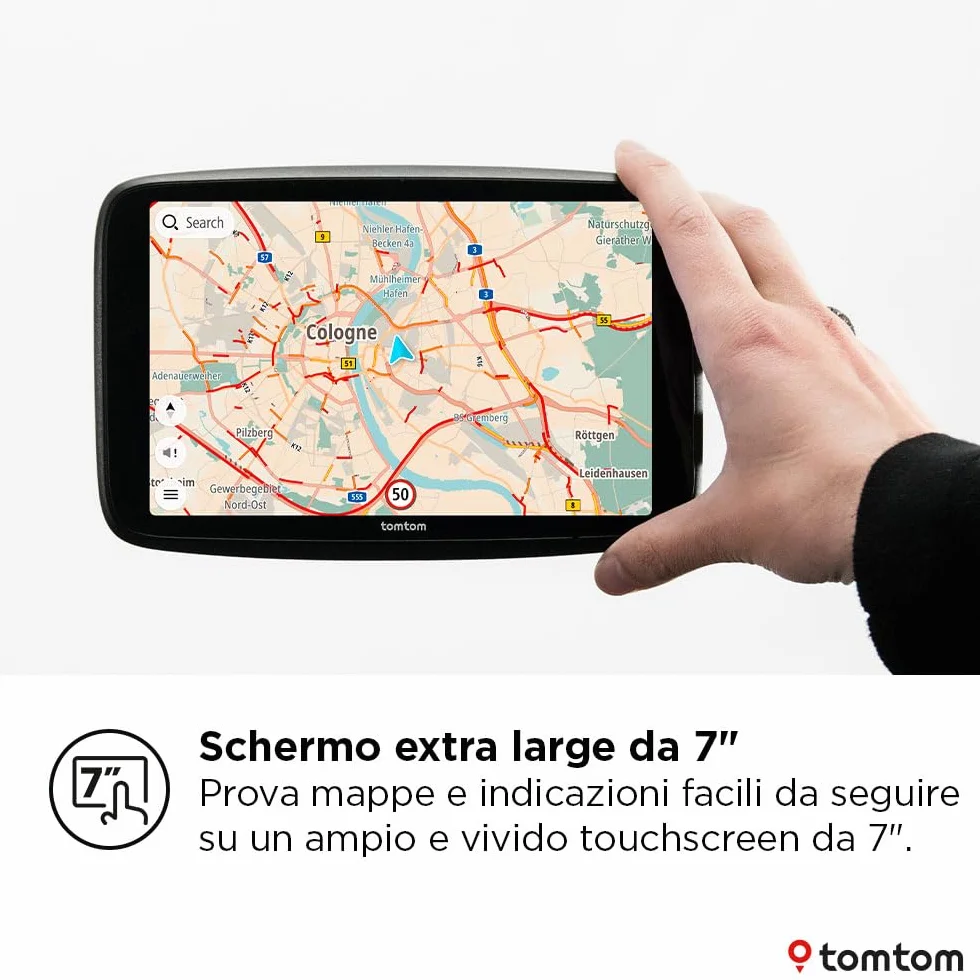 TomTom Navigatore per auto GO Navigator (schermo extra large da 7", traffico in tempo reale, 12 mesi di avvisi autovelox, mappe europee, aggiornamenti Wi-Fi, servizi Premium, supporto Click-and-drive)