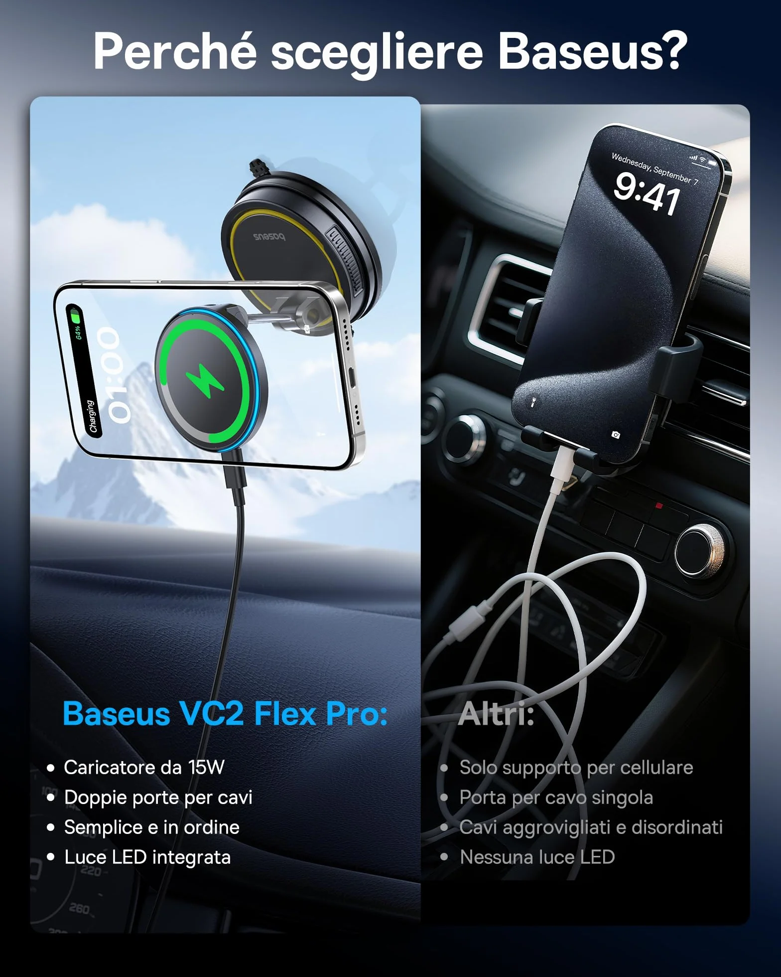 Baseus VC2 Flex Pro 15W Caricatore Wireless Auto Magsafe, Caricabatterie Wireless Magnetico, Supporto Telefono Auto Carica Rapida per iPhone 17 16 15 14 13 Pro Max