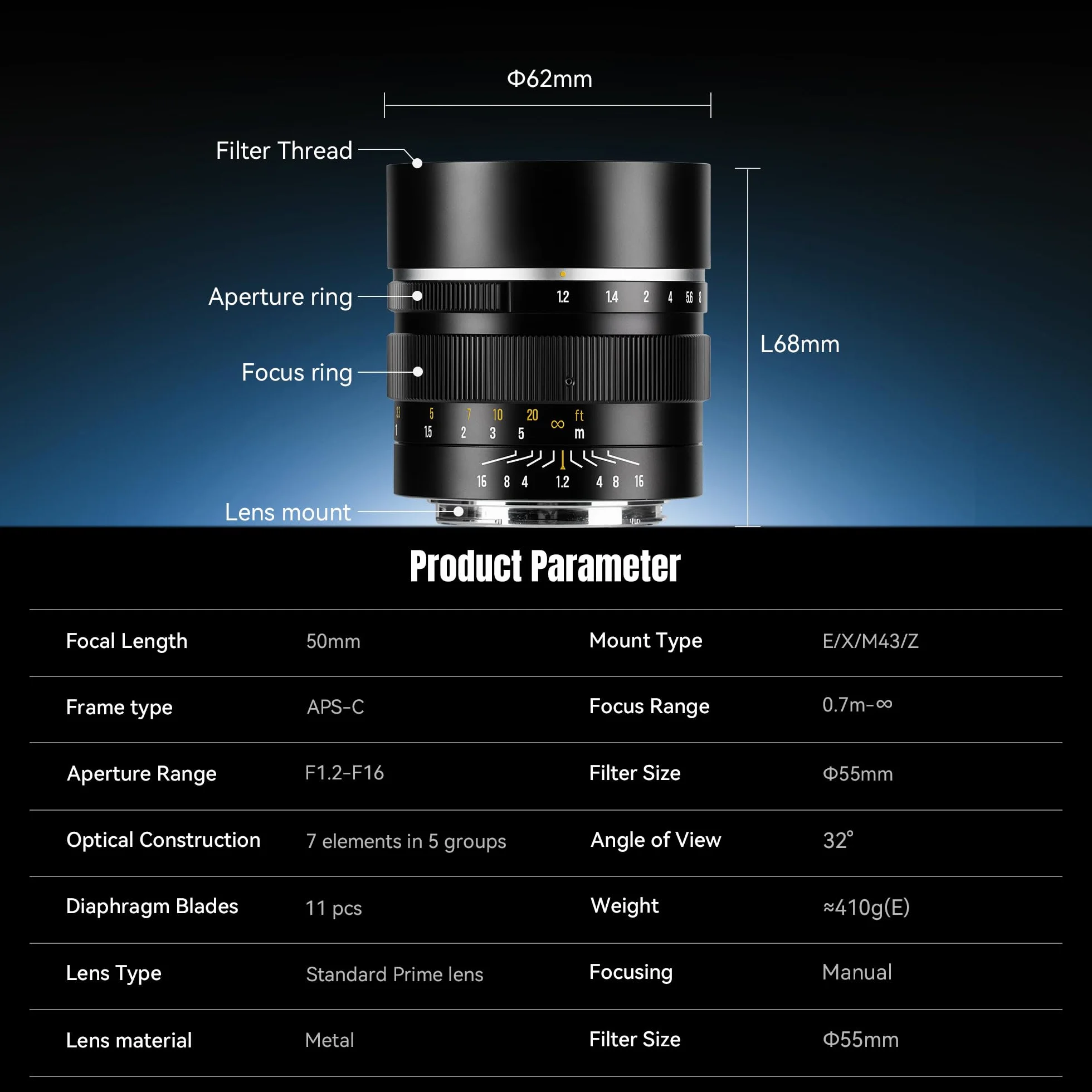Obiettivo fisso 7artisans 50mm F1.2 APS-C 32° con messa a fuoco manuale e ampia apertura, compatibile con Olympus e Panasonic MFT M4/3 Mount, serie GH/G9/GX/GF/BGH