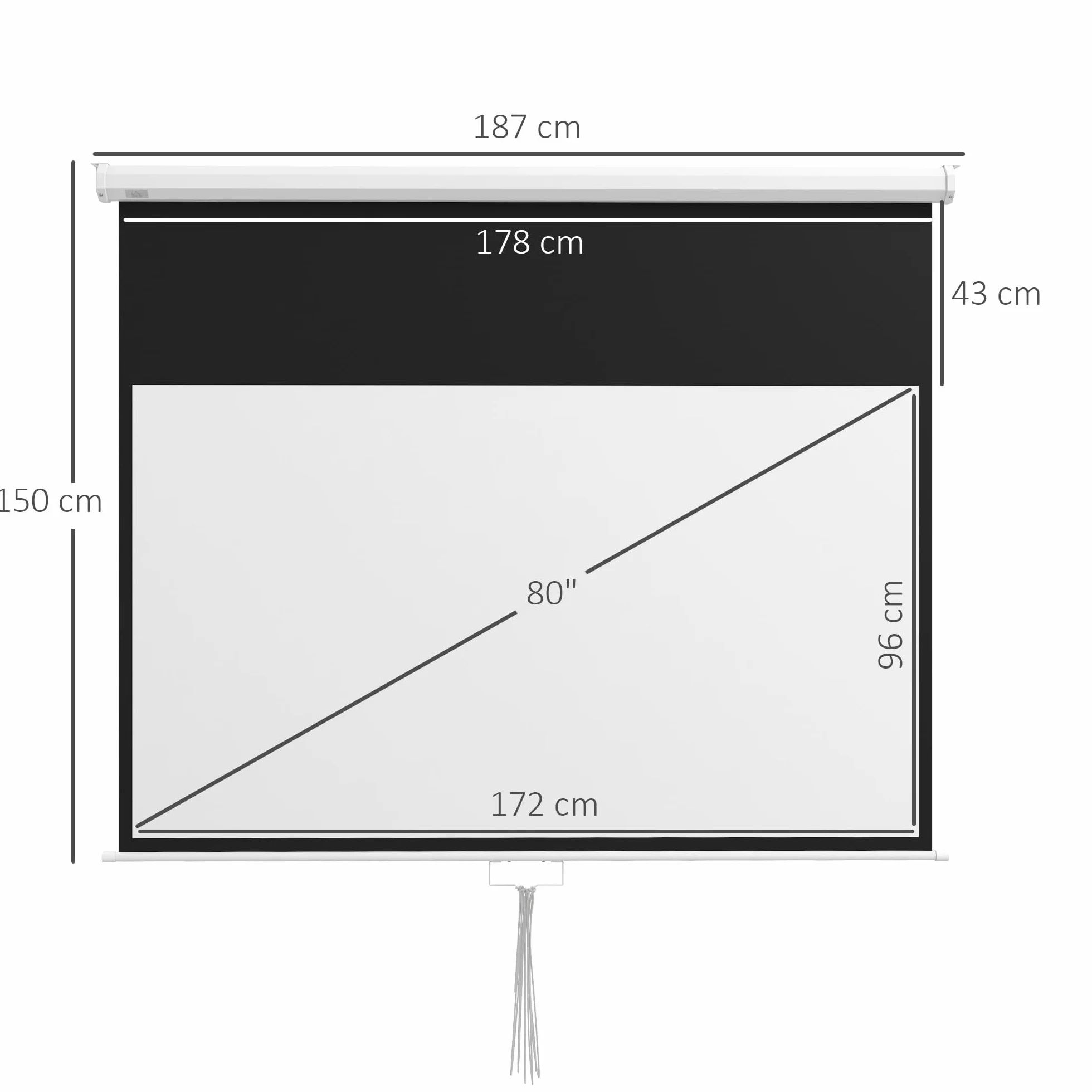 HOMCOM Telo Proiettore da 80 Pollici 4K HD Formato 16:9, Altezza Regolabile Manuale, Schermo Proiettore, Grandangolo di 160 Gradi, Telo Videoproiettore per Casa, Home, Cinema, Ufficio, Esterno, Bianco