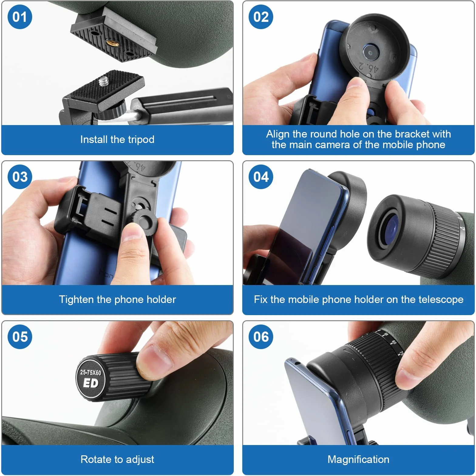 Cannocchiale, 25-75x60 Cannocchiale con Treppiedi, ED FMC Ottica Bak4 Prisma IPX7 Impermeabile Telescopio Spotting Scope con Smartphone Adapter per Tiro a Segno, Birdwatching, Caccia