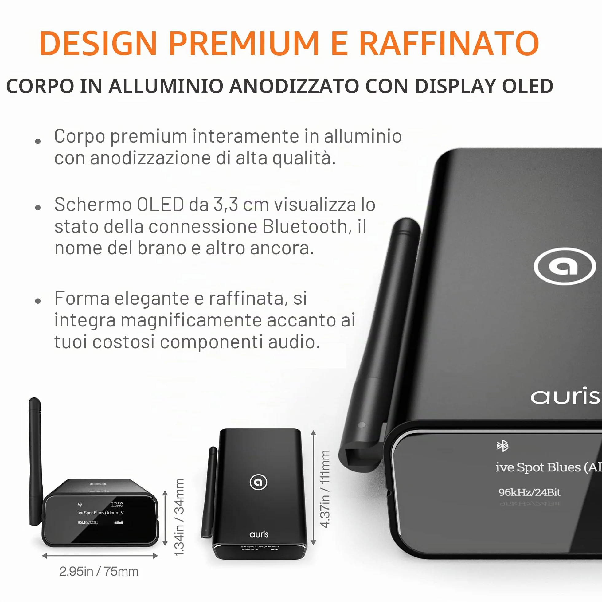 Auris Blume Pro - Ricevitore musicale Hi-Fi Bluetooth 5.0, adattatore Bluetooth con DAC, LDAC, AptX HD, display OLED, uscita AUX coassiale ottica per home stereo, ricevitore AV o amplificatore