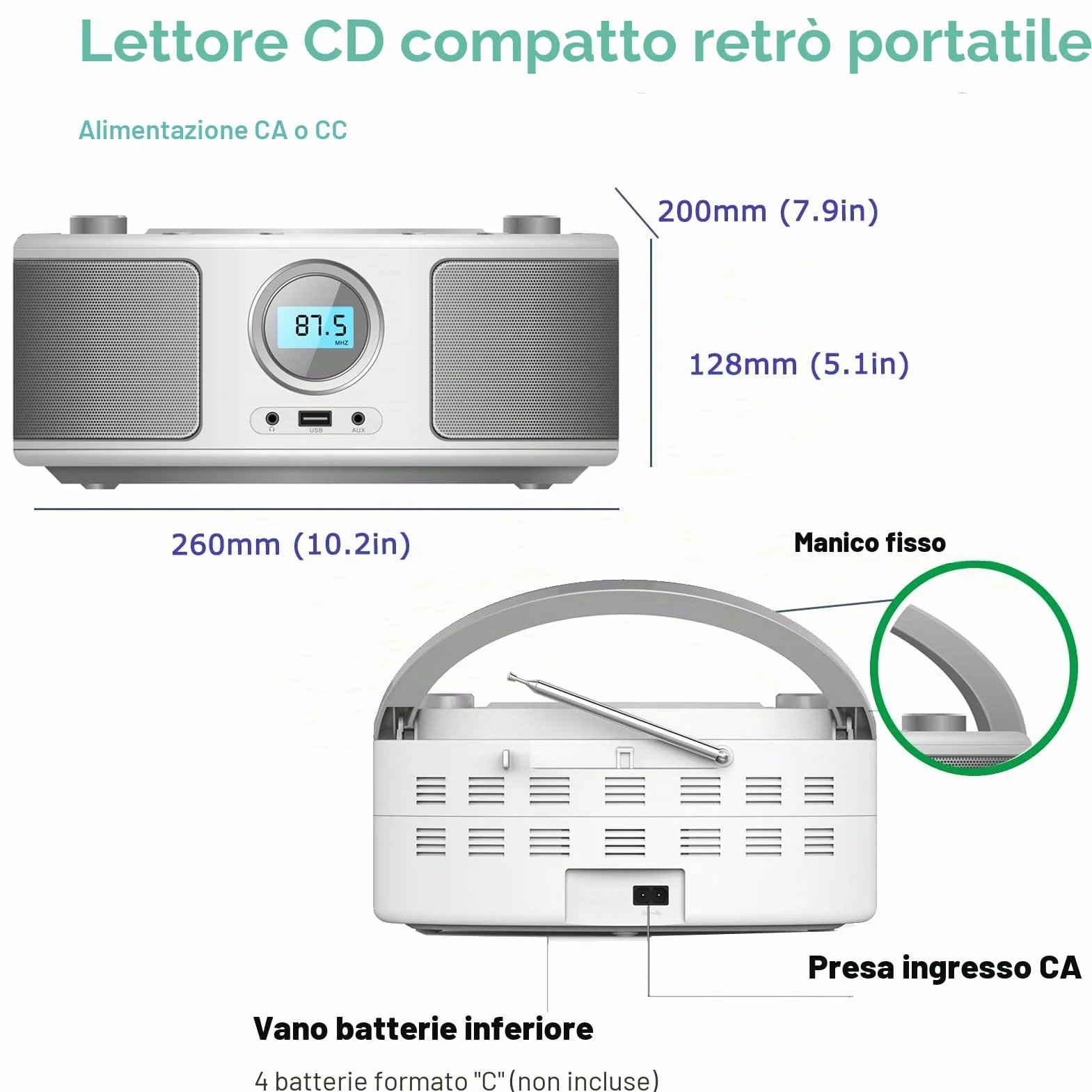 Radio Portatili Boombox con Bluetooth, Telecomando, Lettore CD Stereo con Radio FM, Ingresso Blue Tooth, USB, AUX-IN,Compatibile CD-R/CD-RW,AC o Alimentato a Batteria