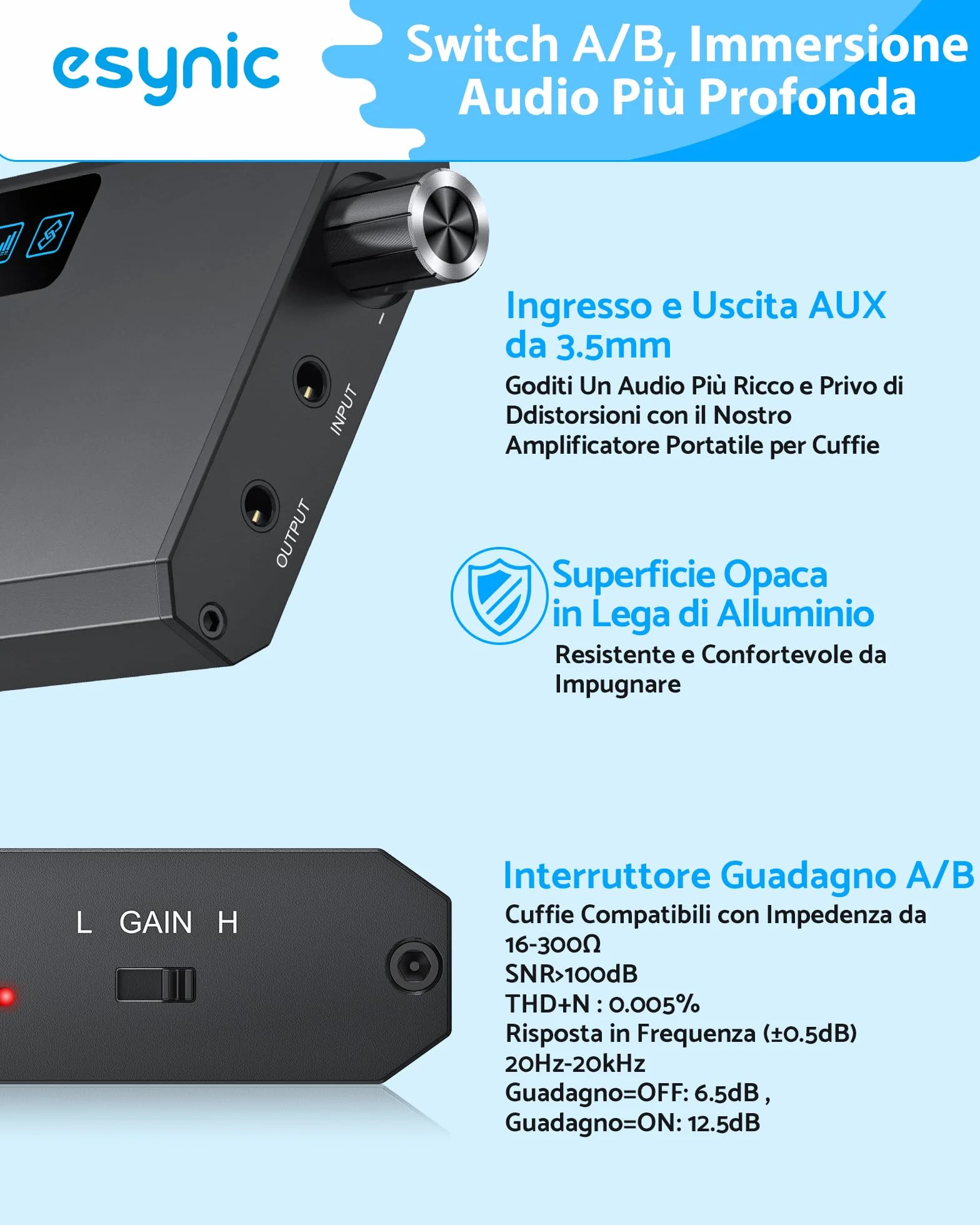 eSynic HiFi Amplificatore per Cuffie con Ricevitore Bluetooth 5.1, Impedenza 16-300Ω, 2 Livelli di Guadagno, Batteria Ricaricabile 1500mAh con Cavo USB-C e Cavo Audio, in Alluminio per MP3 Smartphone