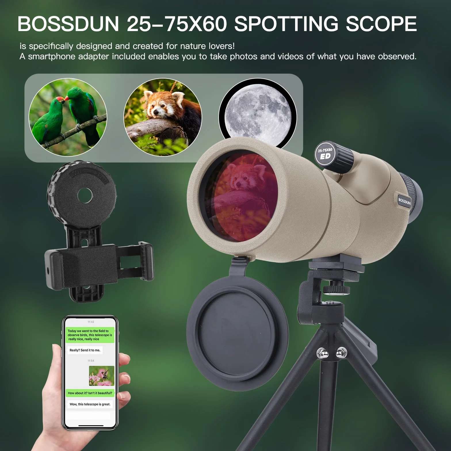 Cannocchiale, cannocchiale da caccia per il tiro al bersaglio, telescopio impermeabile con treppiede con prisma BAK4, adattatore per telefono, borsa per il trasporto (60H)