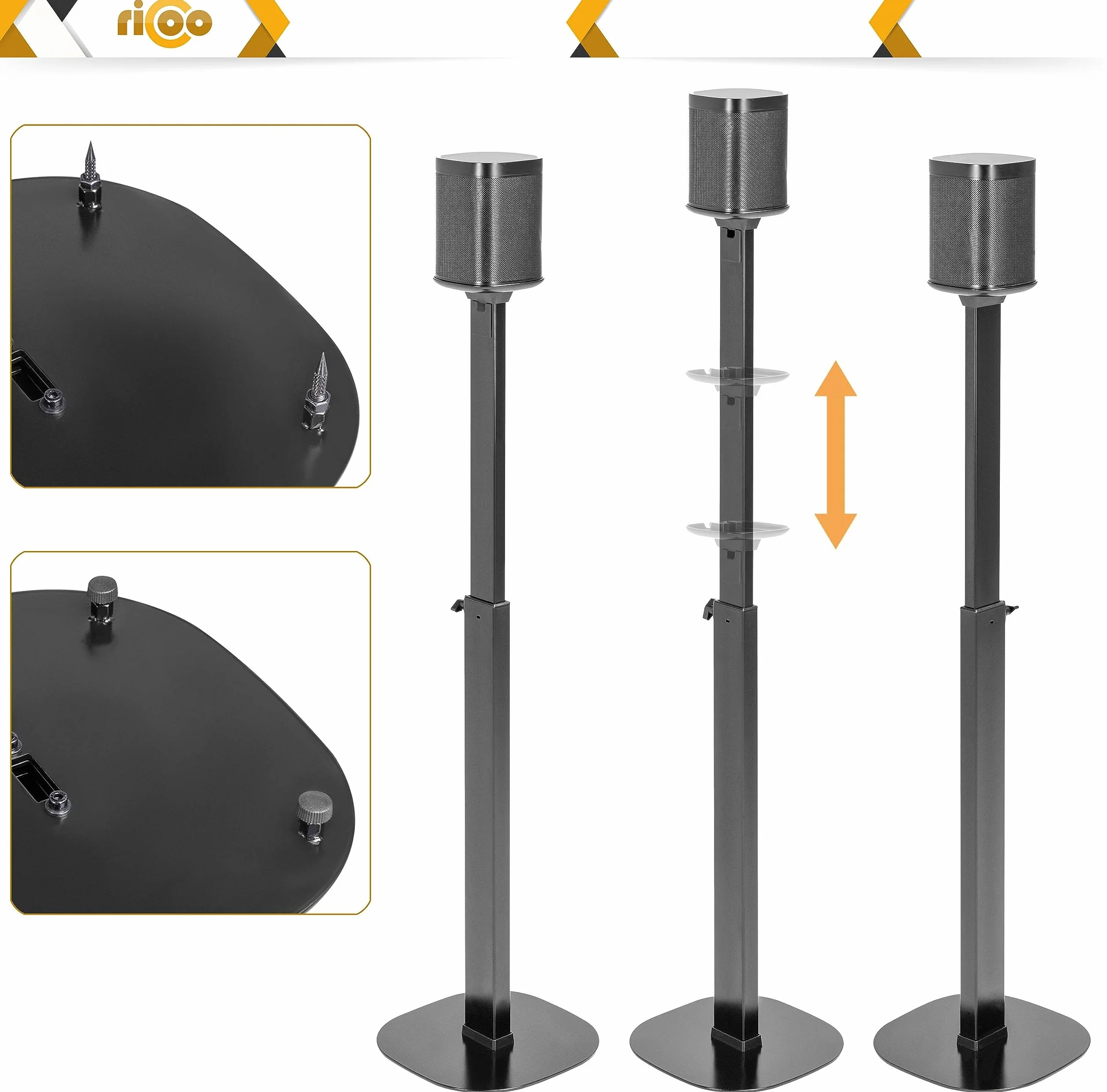 RICOO Supporto per Altoparlanti LH073 Supporti da terra per casse acustiche Supporto da Pavimento per SONOS ONE (SL) Stabile Stand con Gestione Cavi Integrata 1182 x 265 x 265 mm Set di 2, Nero