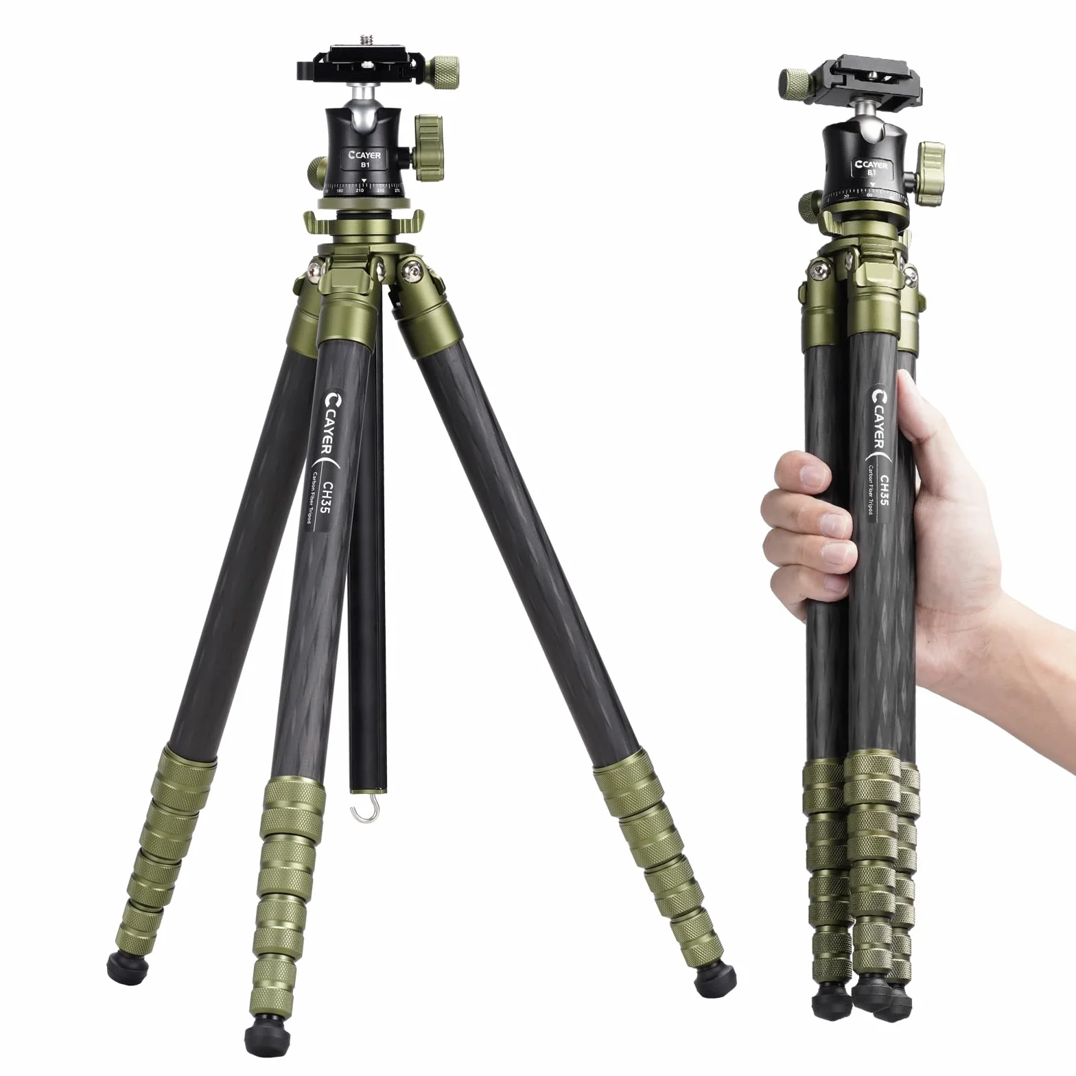 Cayer CH35 Treppiede da Viaggio con Testa Sferica, Treppiede Compatto in Fibra di Carbonio, Altezza 136 cm, Carico Max 8 kg (17.6 lbs) per Fotocamere Mirrorless, Videocamere, Smartphone e Webcam