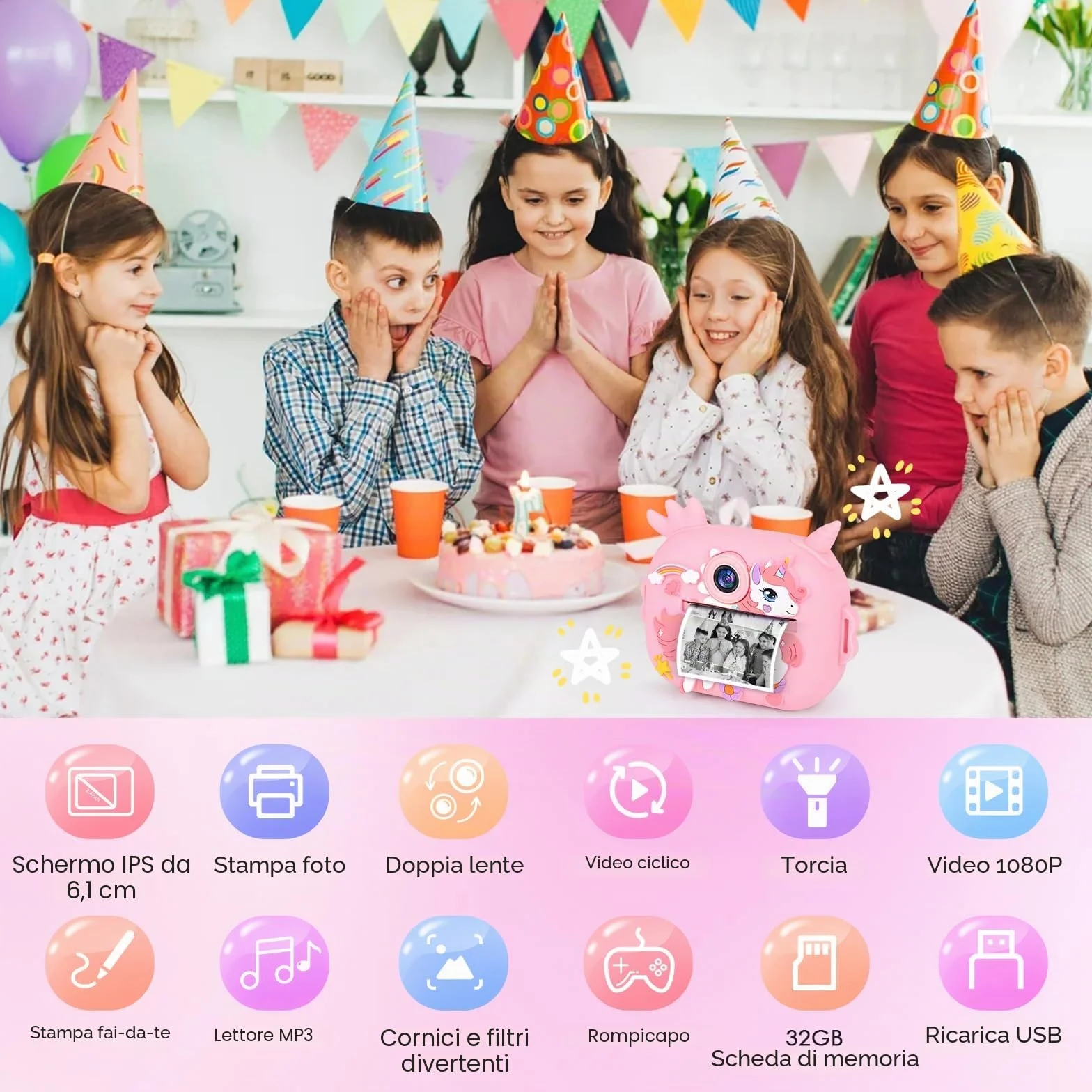 Macchina Fotografica Bambini Istantanea, Ambesty 2,4 Pollici 1080P Fotocamera Bambini Selfie, Fotocamera Digitale con 32GB Scheda e Carta Fotografica, Regali di Natale da 3-12 Anni (Rosa)