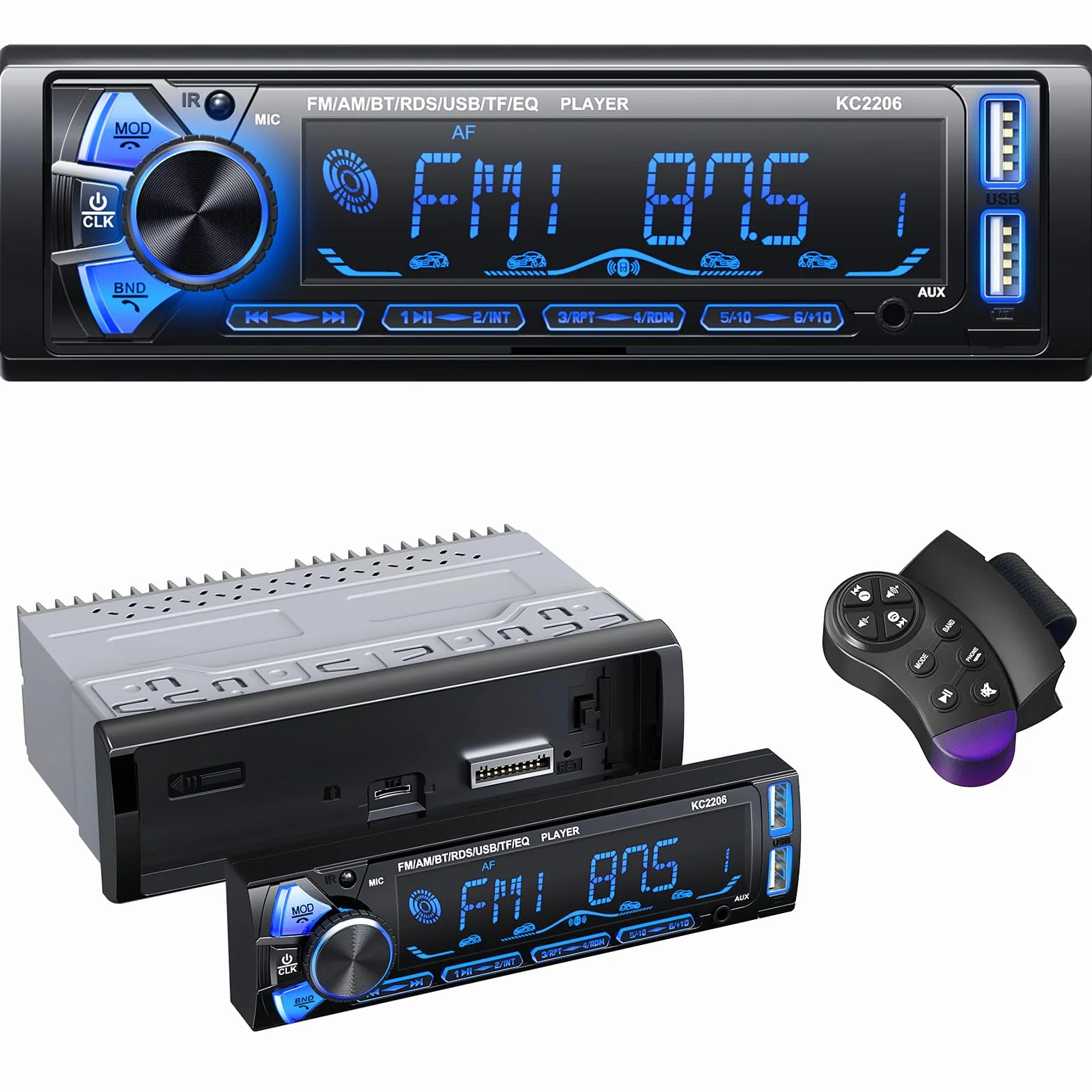 RDS Autoradio Bluetooth con Estraibile Frontalino, Wistrue Stereo Auto Bluetooth con Telecomando, 4x65W 1 DIN Autoradio AM/FM con Lettore MP3 e due porte USB Supporta AUX/SD/iOS/Android（multicolore）