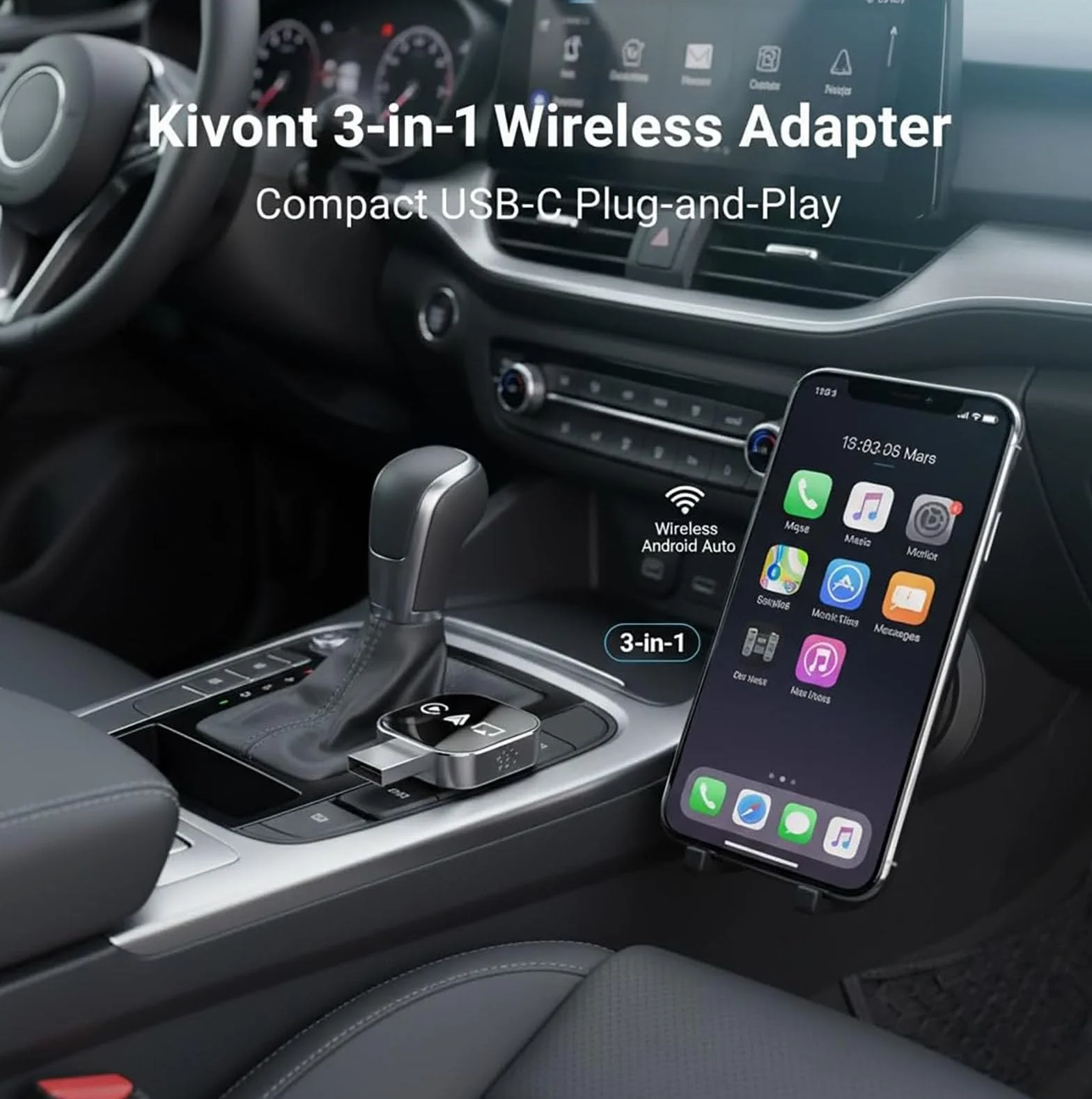 Adattatore 3 in 1 Kivont, Adattatore per auto 3 in 1 Kivont, Dongle CarPlay wireless aggiornato al 2026 con WiFi 2,4/5 GHz e Bluetooth 5.0, Plug and Play (for iPhone)
