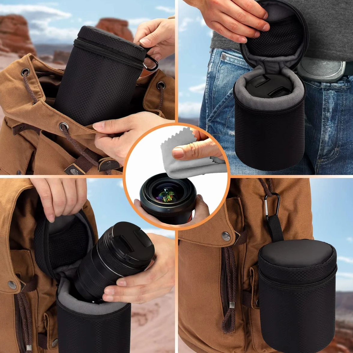 Arvok Custodia per Obiettivo Fotocamera, 4 Custodia Resistente all'Acqua per Obiettivo Fotocamera DSLR, Borsa per Obiettivo per Tamron, Sigma, Pentax, Sony, Fuji, Panasonic