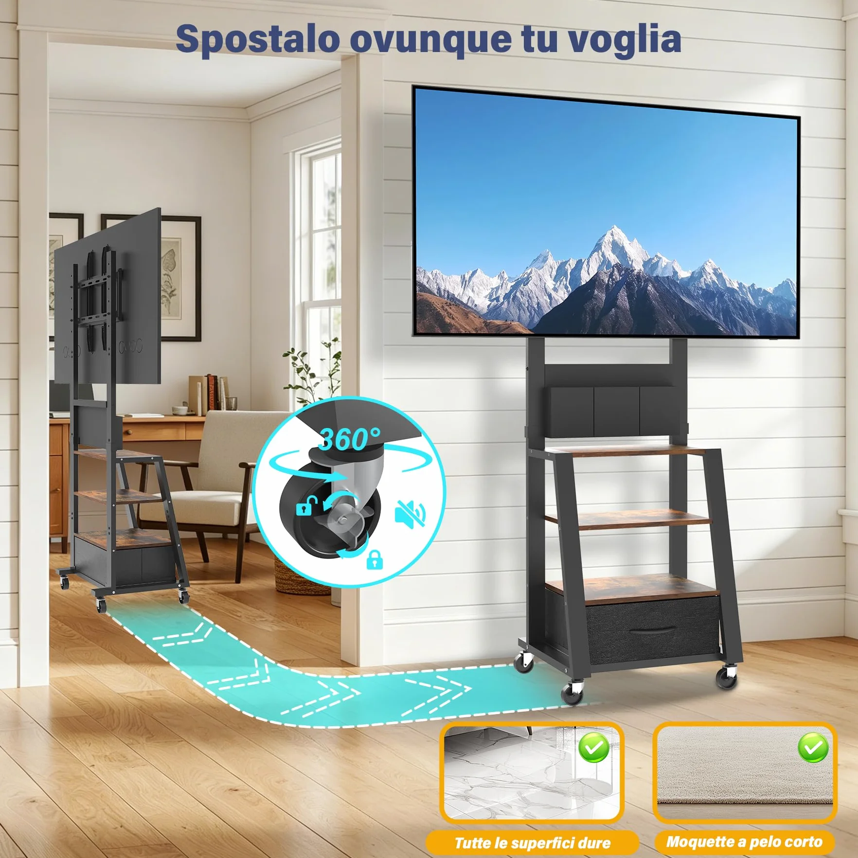 Mobile porta TV con ruote, cassetto e 3 ripiani per TV piatti/curvi da 23"-60", mas 72 kg, per LCD/LED/OLED. Carrello mobile con altezza regolabile per casa, ufficio e esterni, VESA mas 400x400mm