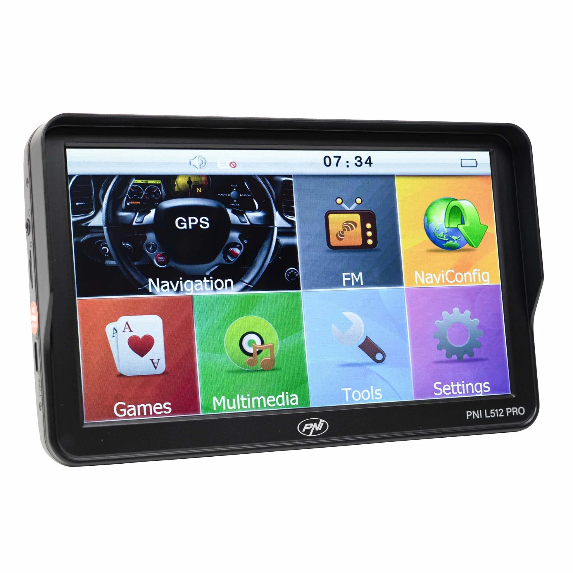 Sistema di navigazione GPS PNI L512 Pro con parasole, 7 pollici, 800 MHz, 512 MB DDR, 16 GB di memoria interna, trasmettitore FM