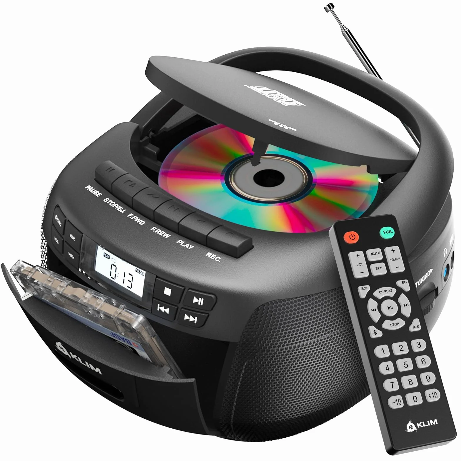 KLIM Lettore CD - Lettore Cassette Audio, AM/FM Radio Bluetooth, Stereo CD Player, Remota, Registrazione Su Nastro, USB Drive, AUX, Radio CD Stereo Casa Alimentazione AC/DC