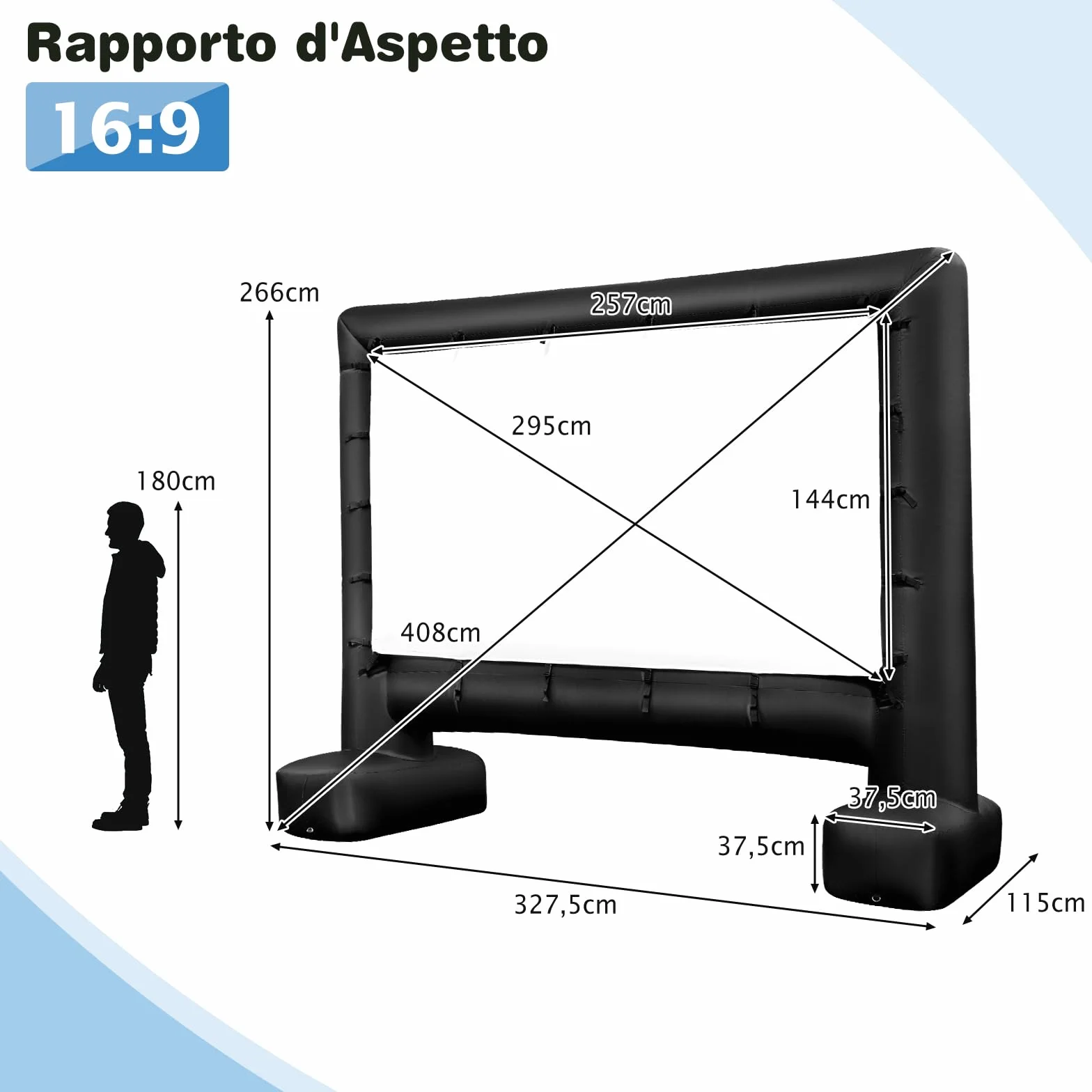 GYMAX Schermo Proiettore Gonfiabile 4 M/4,5M, Telo Proiettore Pieghevole Portatile per Film con Soffiatore d'Aria, Schermo Doppia Faccia, Borsa, Picchetti, per Giardino, Terrazzo, Esterno (4M)