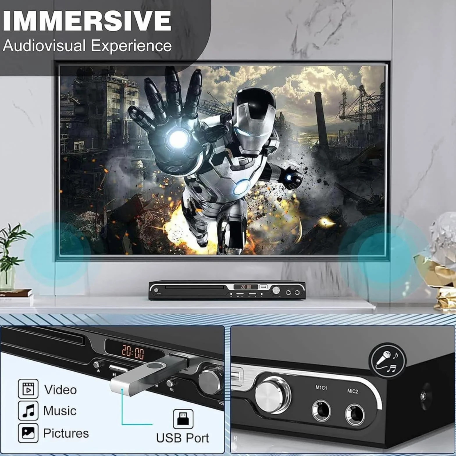 Maite Lettore DVD HD 1080P per TV, HDMI con doppio ingresso per microfono, region free, supporto ingresso scheda USB/SD, uscita HDMI/AV, pulsante in metallo e suono Dolby