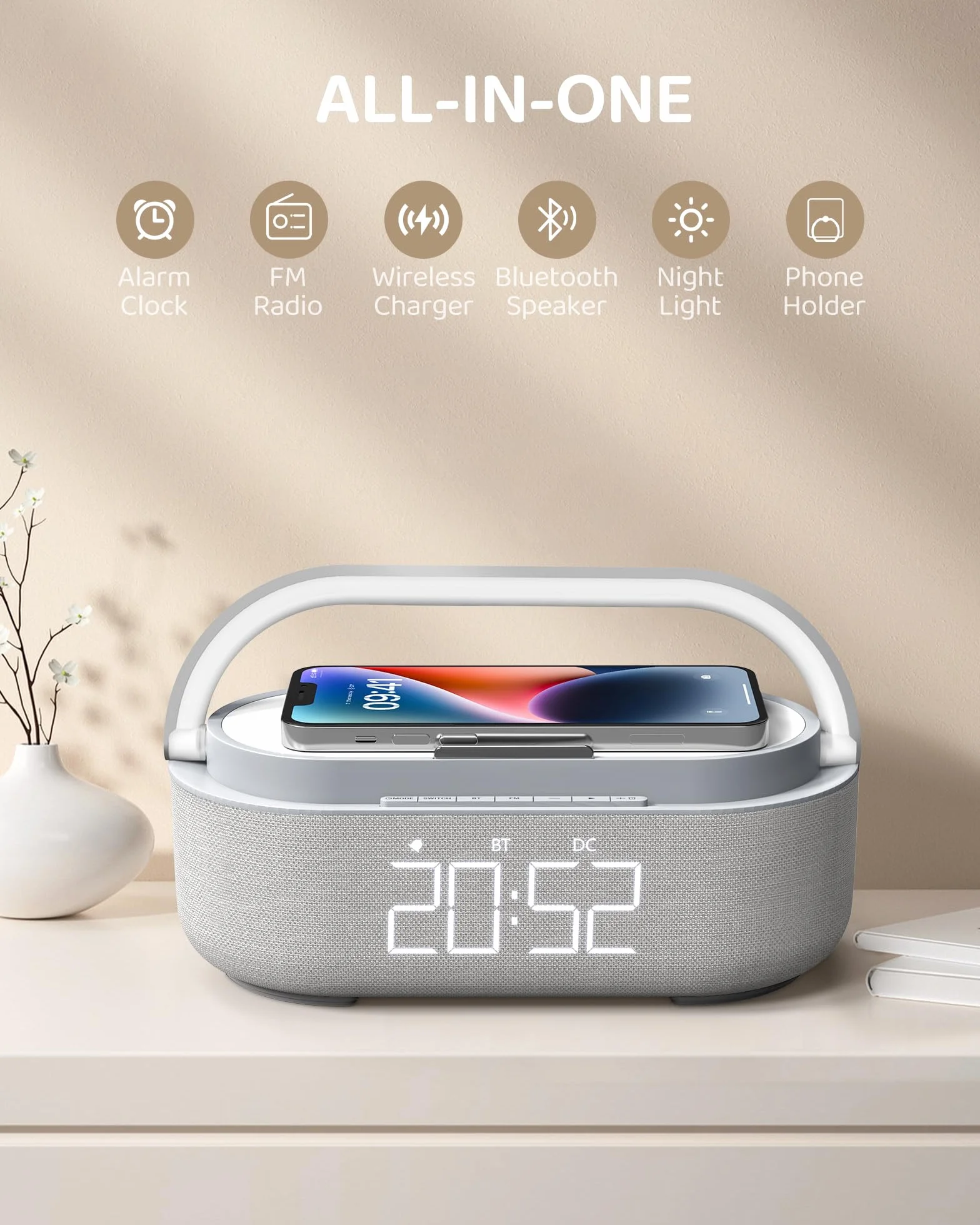 COLSUR Radiosveglia Digitale con Ricarica Wireless, Radio FM Sveglia con Display LED Regolabile