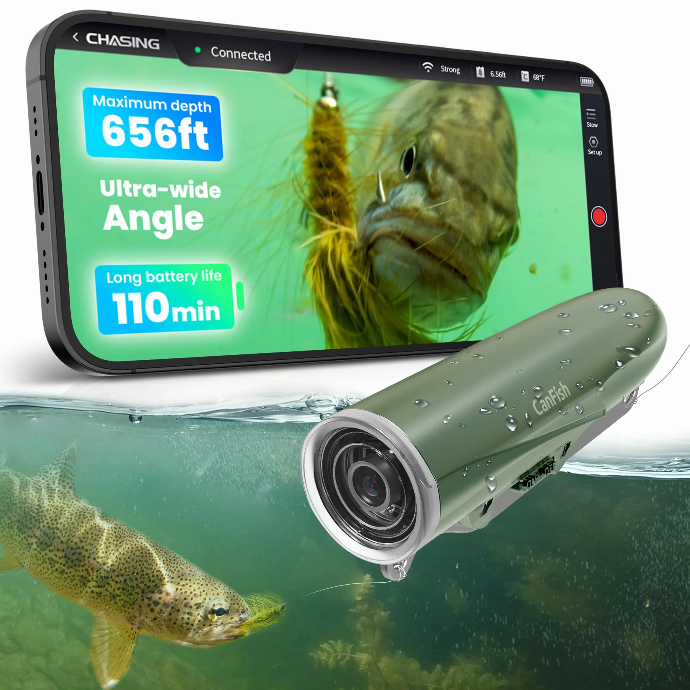 Fishing CamX - Telecamera da pesca / Finder/CanFish, HD 1080P e 136° ultra-grandangolare, impermeabile ROV da 1080 m, rilevamento del movimento, registrazione intelligente segmentata, ricarica