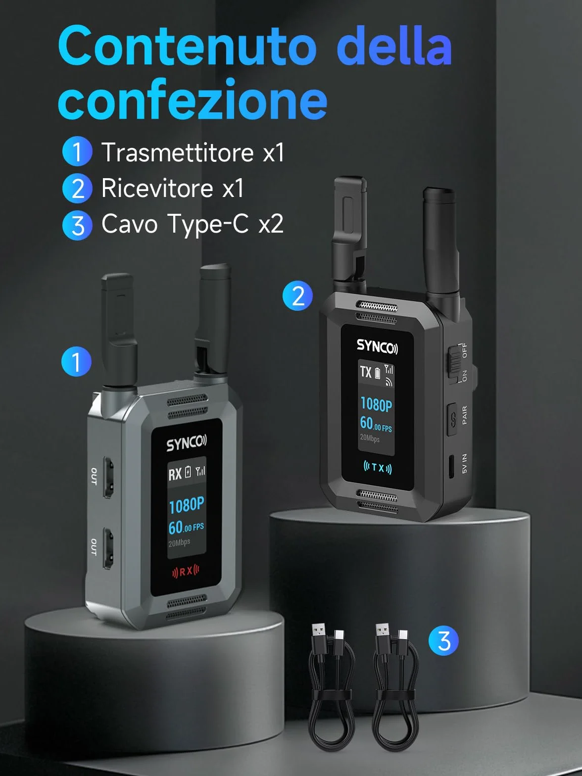 SYNCO Sistema di Trasmettitore Video Wireless HD port 1080P 60FPS, XVision Trasmettitore e Ricevitore HD con Doppia Uscita HD port e Loop Out Latenza 0.04s 300m per Live Streaming Fotoripresa