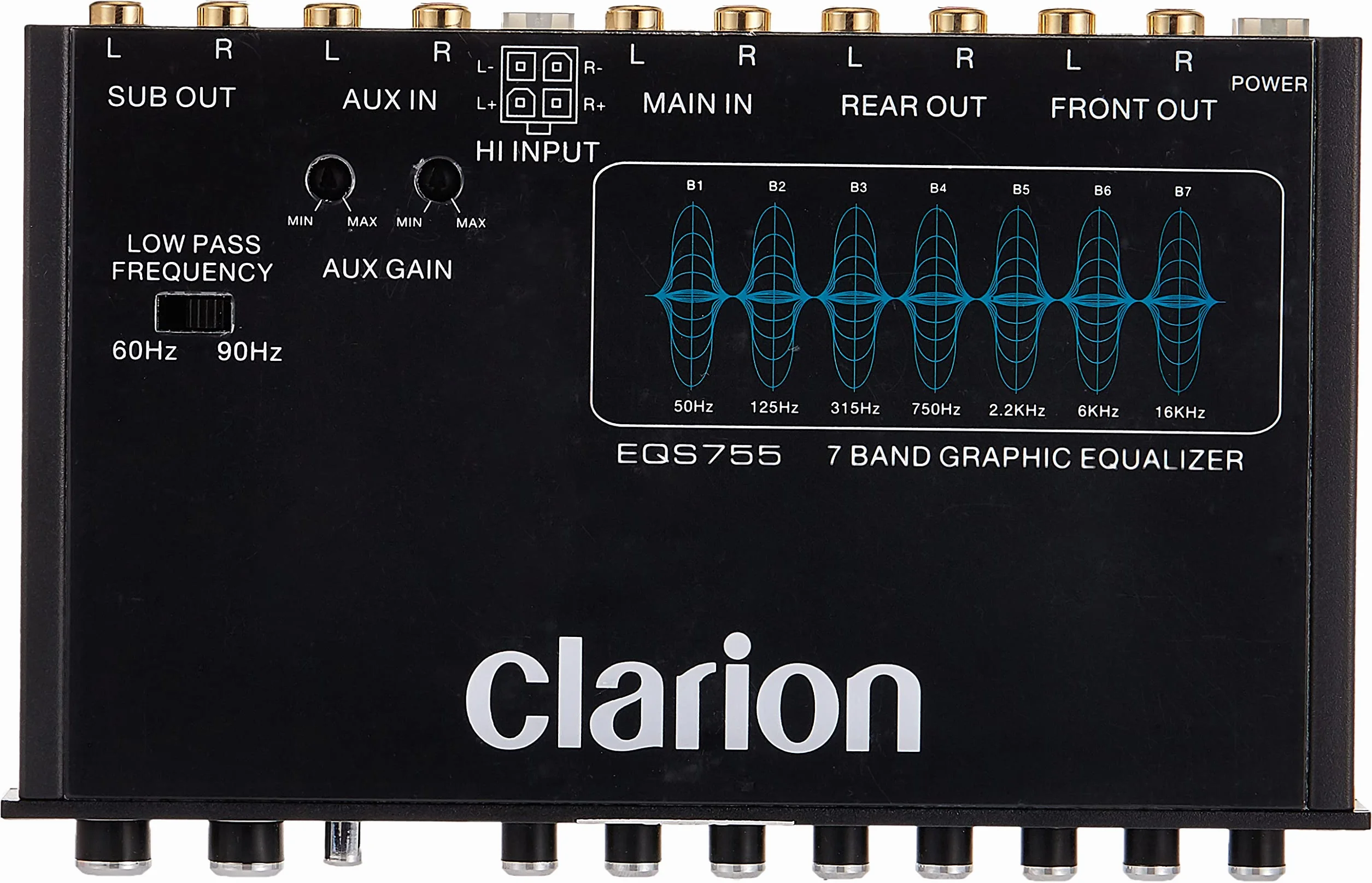 Clarion EQS755 7-Band Car Audio Graphic Equalizer with Front 3.5mm Auxiliary Input, Rear RCA Auxiliary Input and High Level Speaker Inputs, BLACK