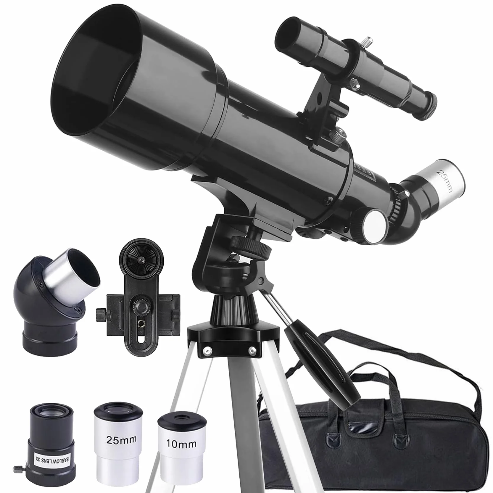 Telescopio, Astronomia Telescopio Professionale 70/400mm per Principianti con Cannocchiale 5 x 24 e Treppiede, Refrattori Telescopi per Bambini Adulti, per Luna Pianeta Guarda(Nero)