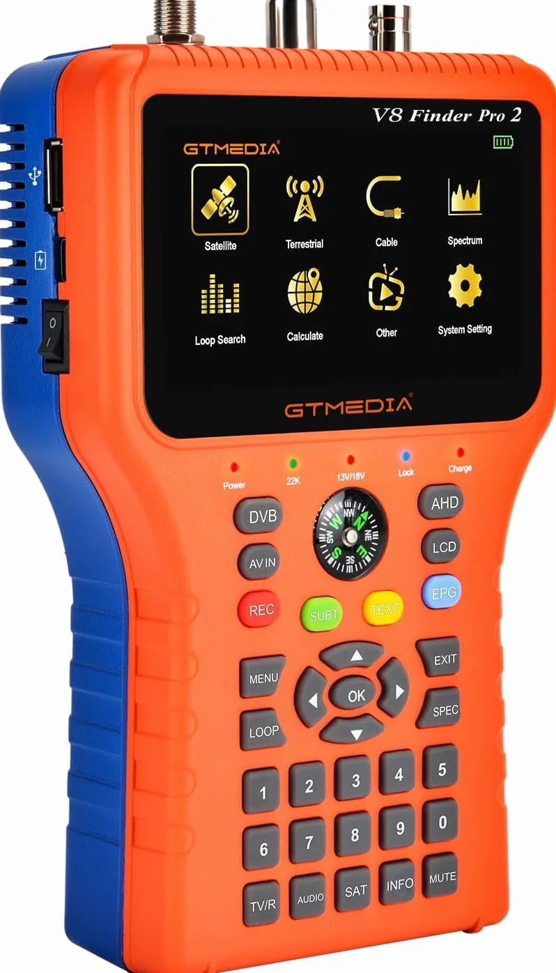GT MEIDA V8 Finder Pro Sat Finder Rilevatori di satellite TV satellitare Singal finder meter digitale DVB-S2X/S2/S/T2/T/C satelite Misuratore riconoscimento H.265 HD Con Display LCD Da 4.3"