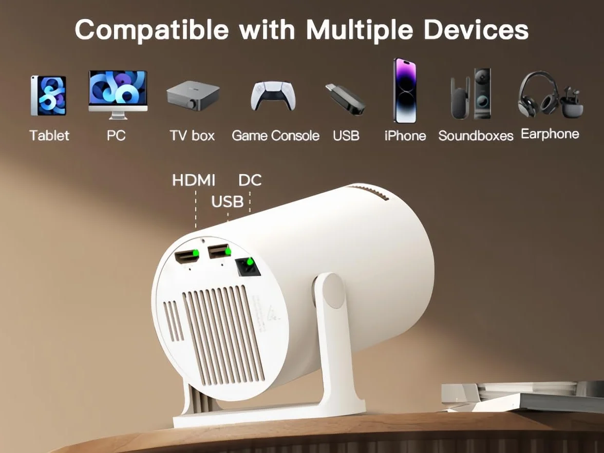 Mini Proiettore con WiFi e Bluetooth Integrato, Android 14, Supporto 1080P 4K, Proiettore Portatile, Rotazione 180°, Versione Aggiornata HY300 Pro+, per Uso Domestico ed Esterno LYNCAST