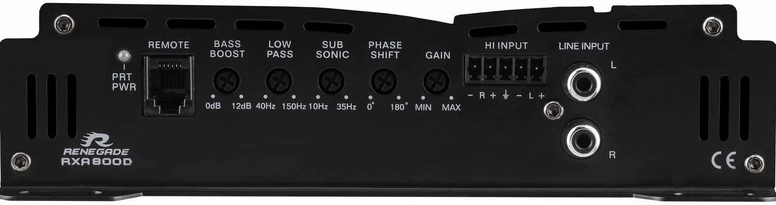 1 amplificatore RENEGADE RXA800D RXA 800 D monofonico classe d 1 canale 400 watt rms stabile a 1 ohm 800 watt max bass boost spl auto nero, 1 pezzo