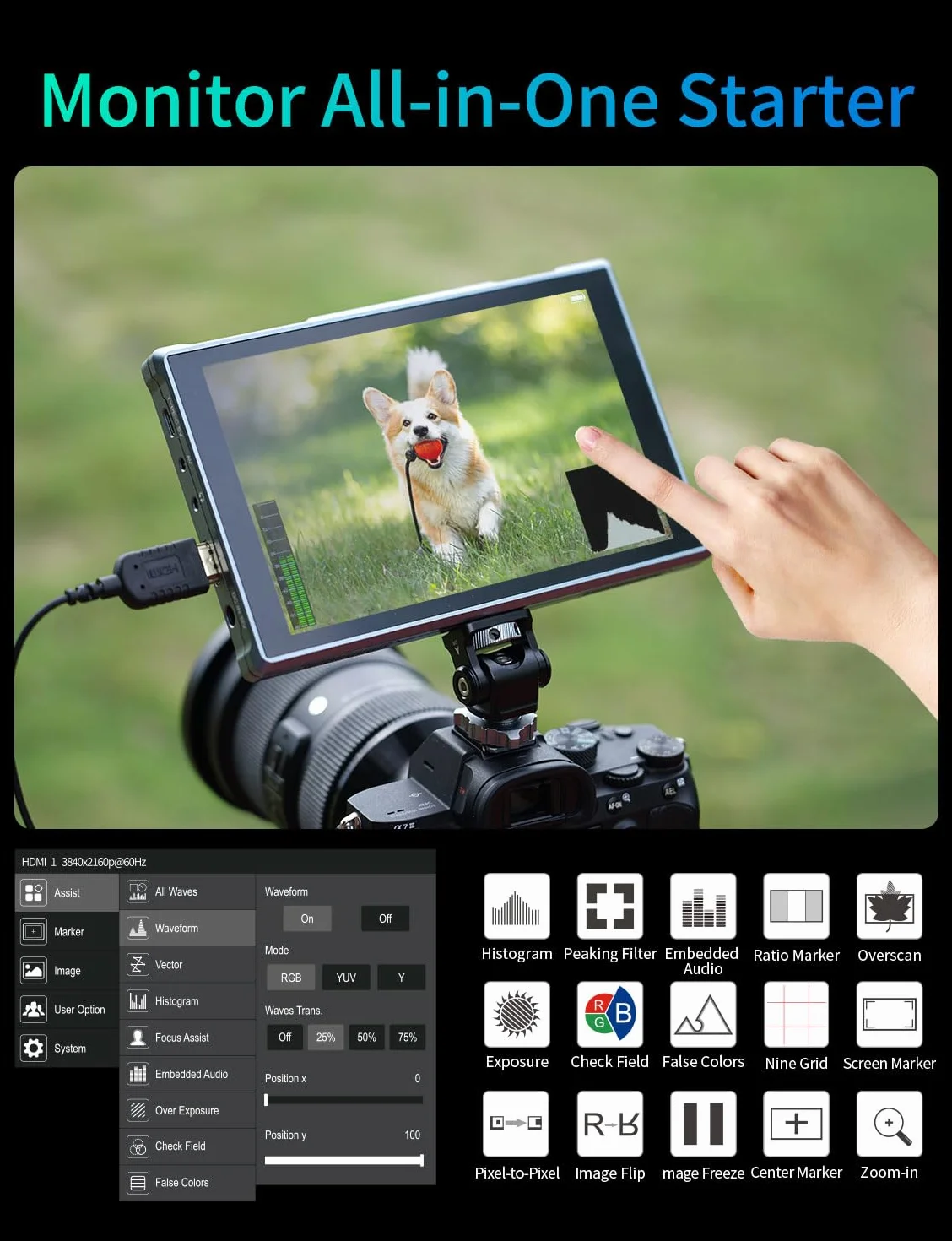 FEELWORLD FW759PRO 7 Pollici 400nit Monitor da Campo touchscreen Ingresso/uscita HDMI 4K e monitoraggio della forma d'onda per videografi e creatori di contenuti con con batteria da 2200 mAh e borsa