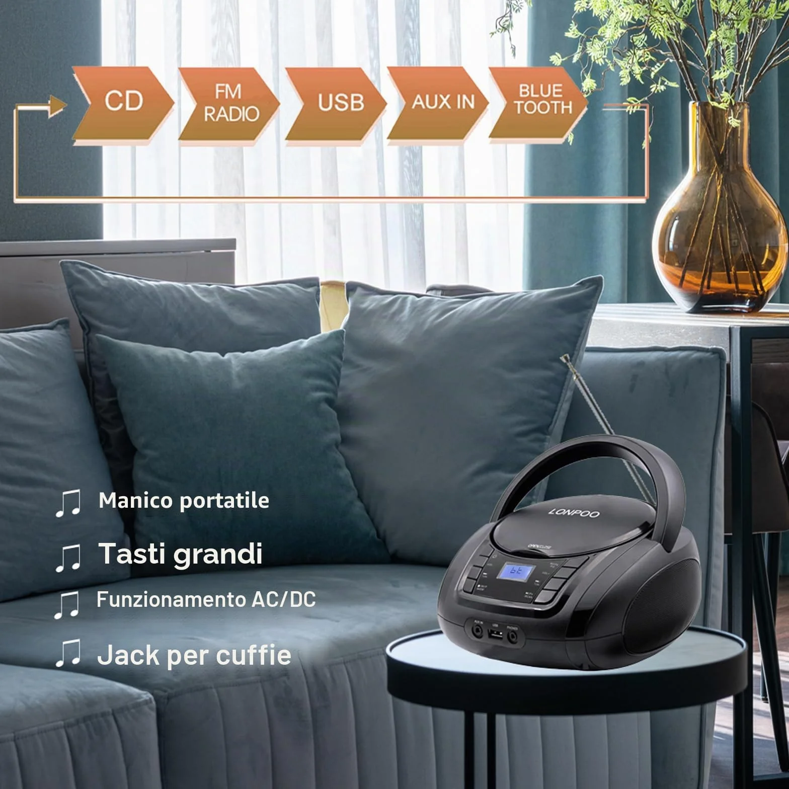 Impianto Stereo Casa 30W Micro HiFi Compatto con lettore CD, Bluetooth, radio FM, USB, AUX-in, display LED e pulsante grande, telecomando (L-D03BT)