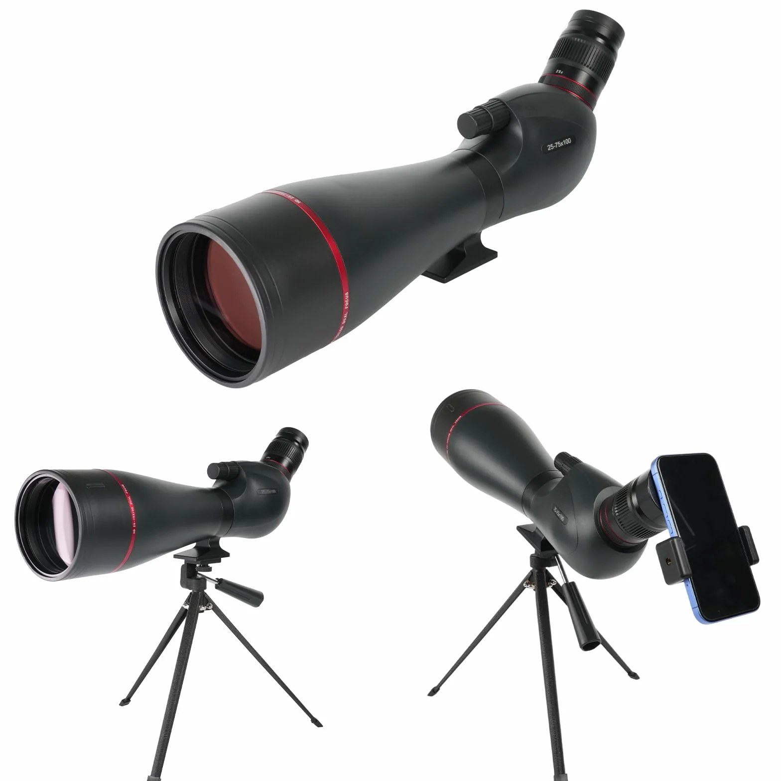 Cannocchiale da Osservazione 25-75x100 BAK4 FMC, Telescopio IPX7 Impermeabile Antiappannamento con Treppiede 360°, Adattatore Smartphone e Custodia per Birdwatching Caccia Astronomia
