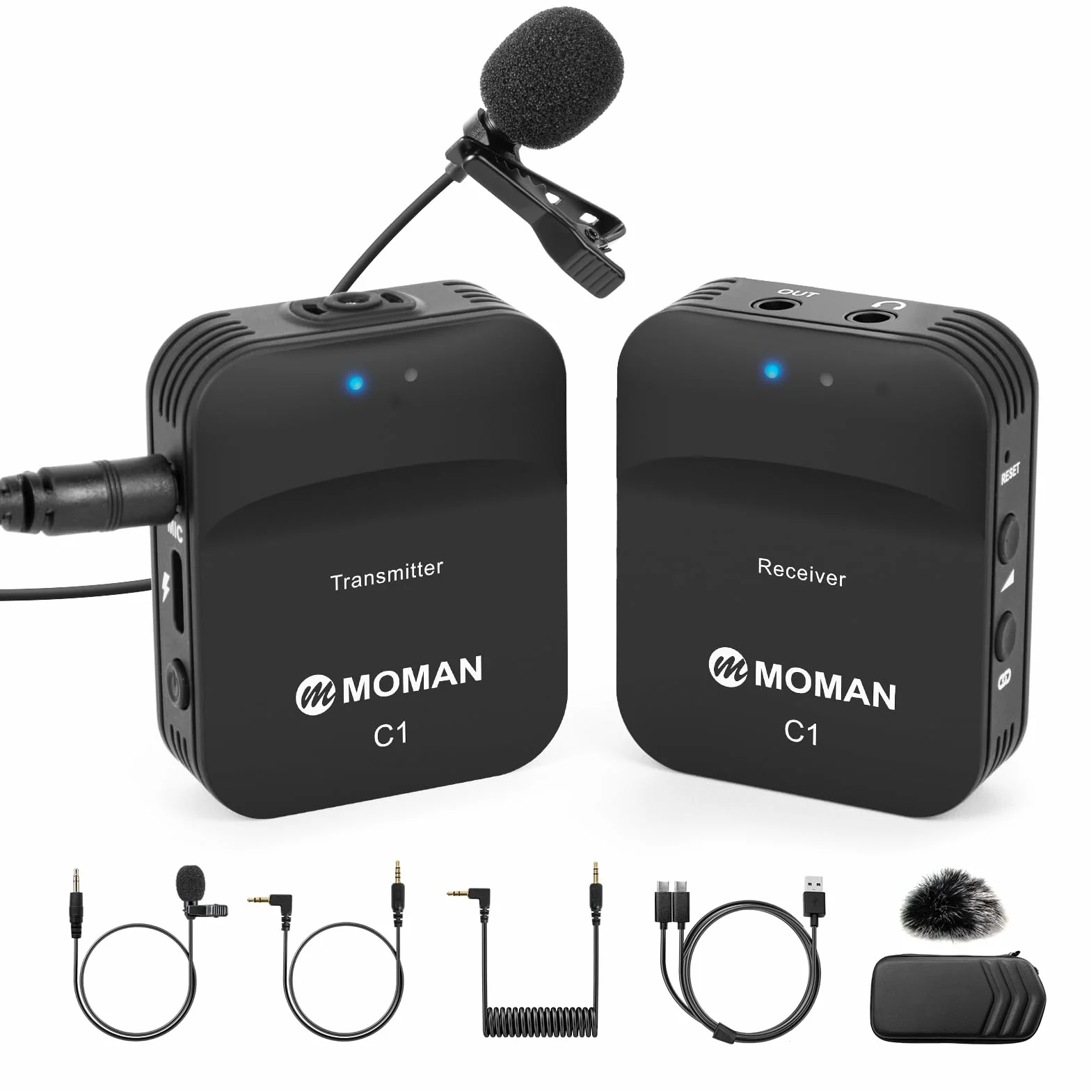 Moman Lavalier Wireless C1 Microphone, 2.4 GHz Professional Wireless Microphone 200 m 8 Hour for Smartphone DSLR SLR Camcorder Laptop, Lavalier-Professional-Camera
