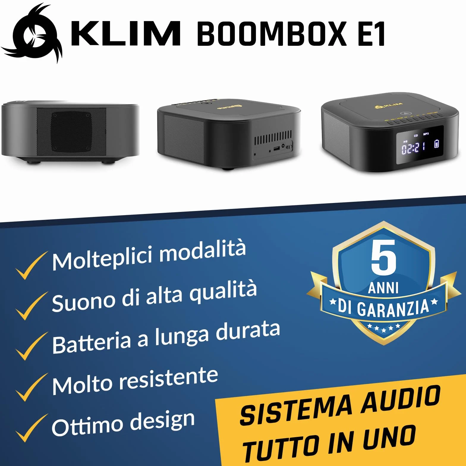KLIM Lettore CD Stereo Boombox E1 - BASS Boost con Subwoofer - FM Radio con Lettore CD e USB, Bluetooth, AUX - Stereo casa - Filo o Wireless - Batteria ricaricabile, Telecomando - Nero/Oro