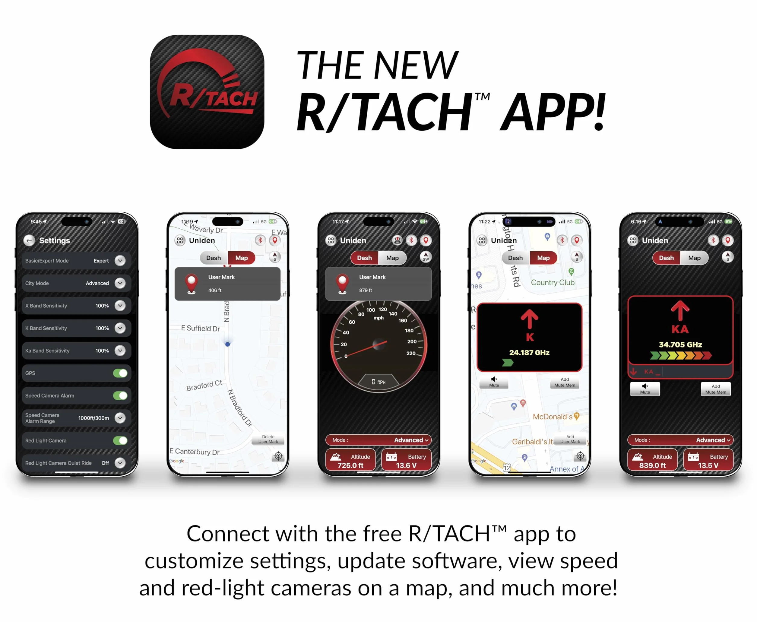 Uniden R8W (nuovo modello) Rilevatore laser/radar a lungo raggio, consapevolezza a 360°, frecce direzionali, Wi-Fi, Bluetooth, GPS, avvisi vocali in tempo reale, avvisi luce rossa e autovelox, app R