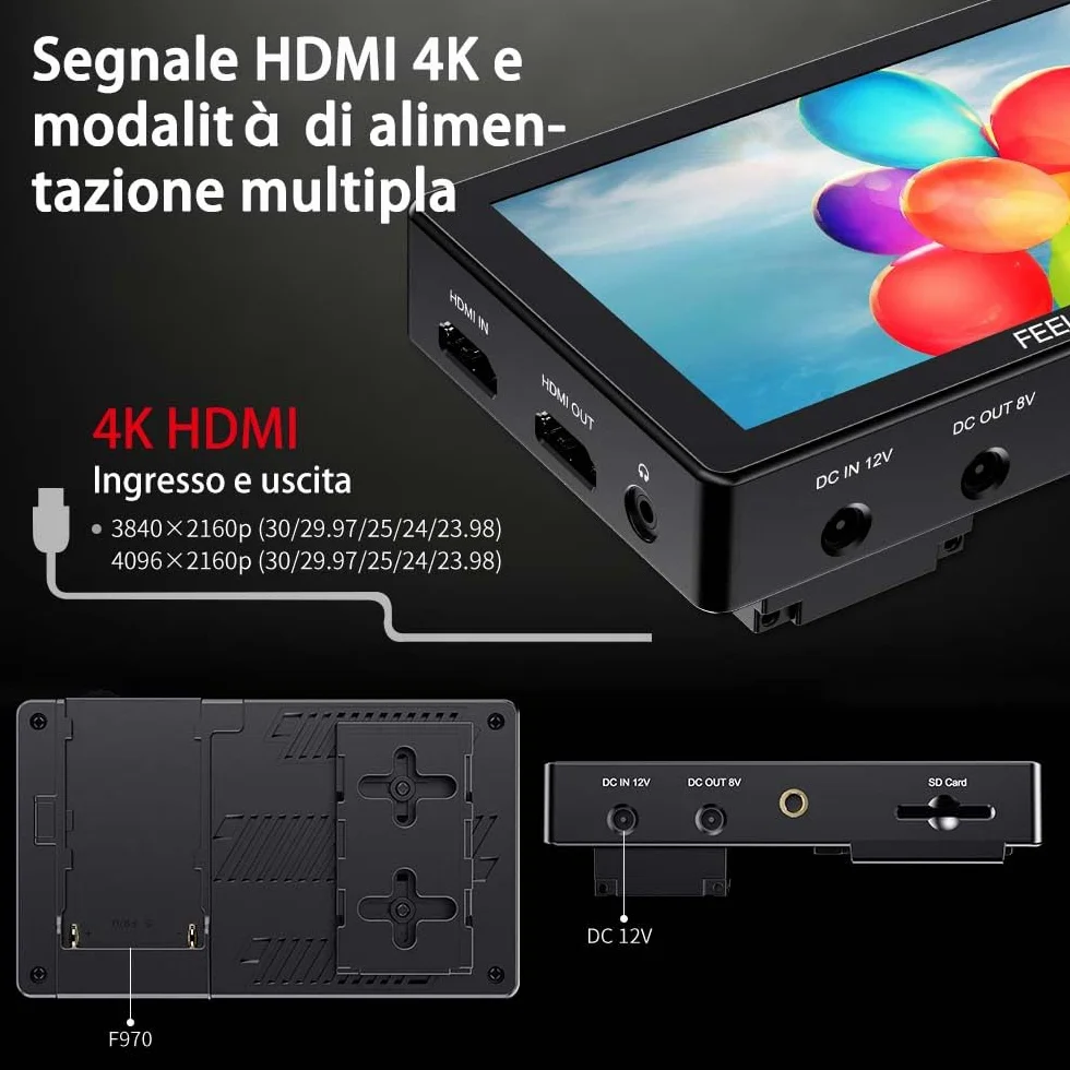 FEELWORLD LUT5 5.5" Ultra Bright 3000nit Touchscreen DSLR Live Monitor con alimentazione esterna F970 e kit di montaggio 4K HDMI Input Output 1920X1080 IPS Panel