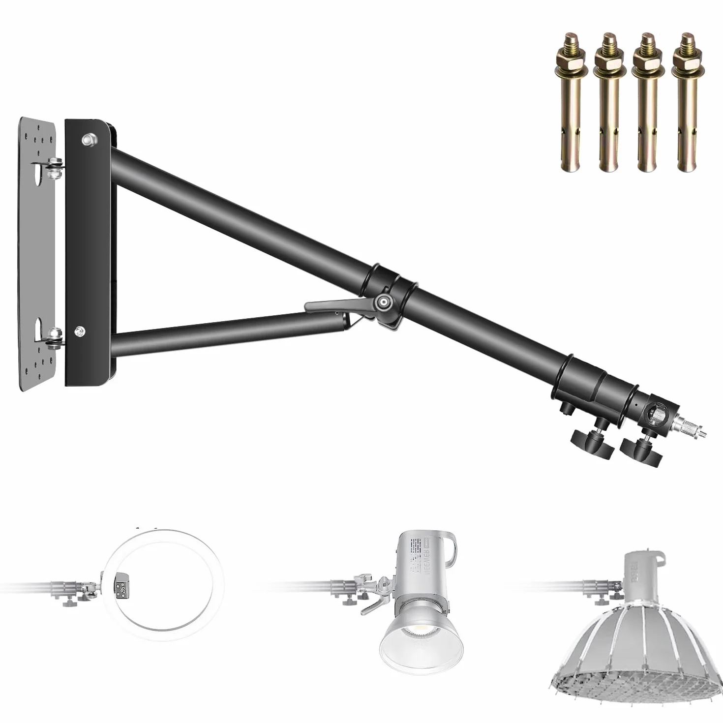 NEEWER Braccio Triangolare Montaggio a Parete per Luce Anulare,Stroboscopica Fotografica, Monoluce, Softbox, Riflettore, e Ombrello, 180 Gradi Rotazione Supporto, Lunghezza Massima 180cm(Nero)