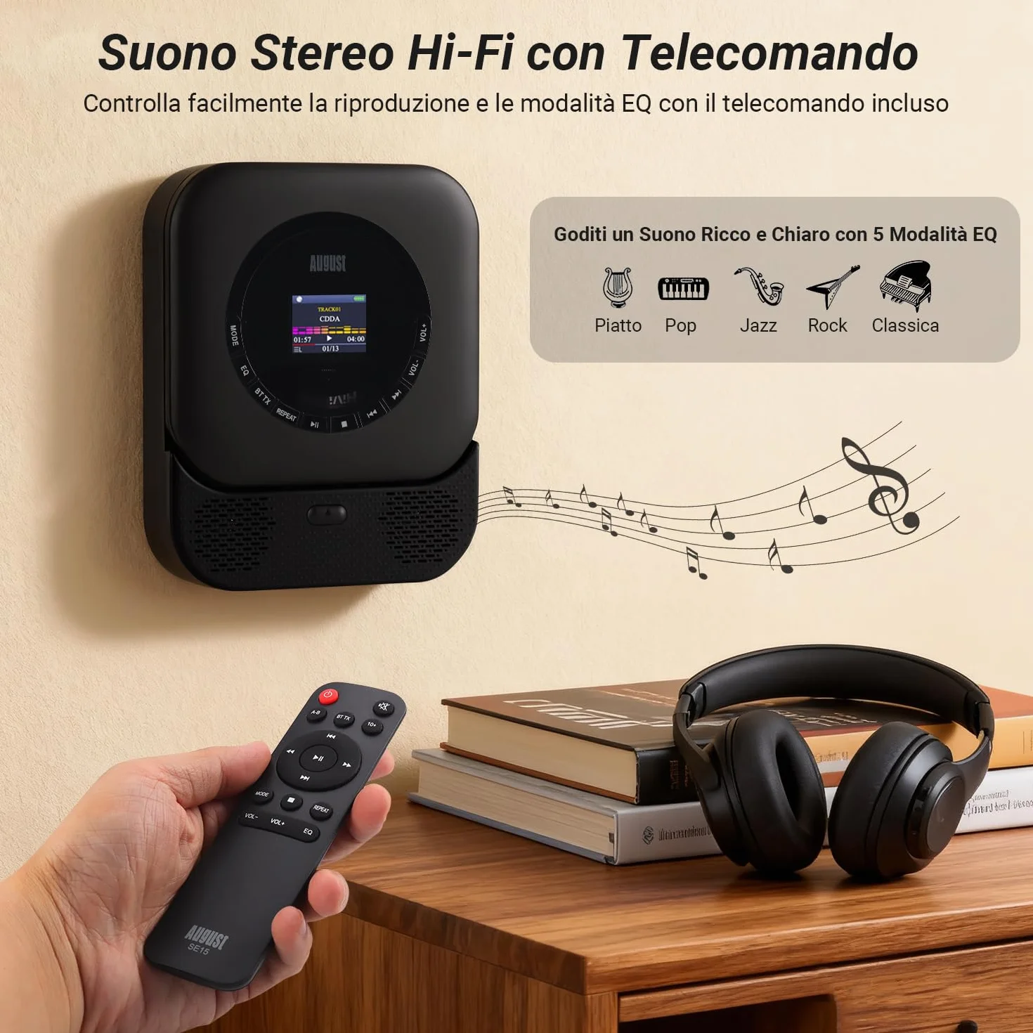 August SE15 Lettore CD Portatile Bluetooth 5.3 USB AUX 6W Batteria Ricaricabile EQ Antiurto Montaggio a Parete