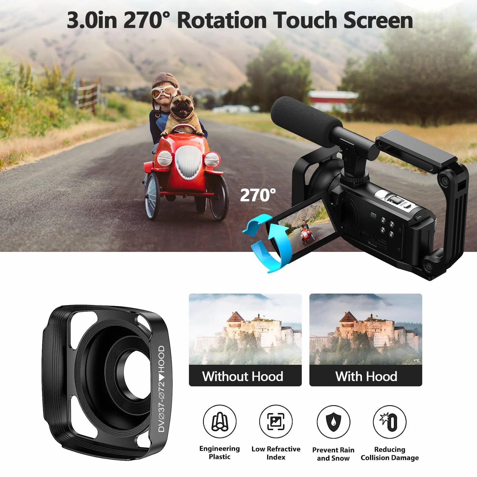 Camcorder 5K 56MP Videocamera YouTube Kit Completo, Visione Notturna WiFi Webcam, zoom digitale 16X, Schermo Tattile 3" 270°, Camera Vlog con scheda SD da 64GB, Treppiede, Microfono, 2 Batterie
