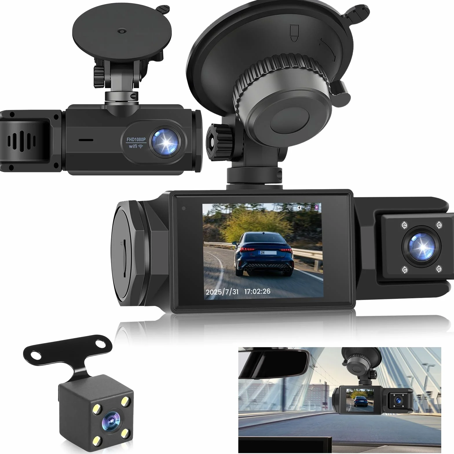 Dash Cam Auto Senza Fili WiFi – 3 Canali Fronte Interno Retro, Full HD 1080P, 2” IPS, Visione Notturna, Rilevamento Movimento, Loop, Obiettivo Rotabile