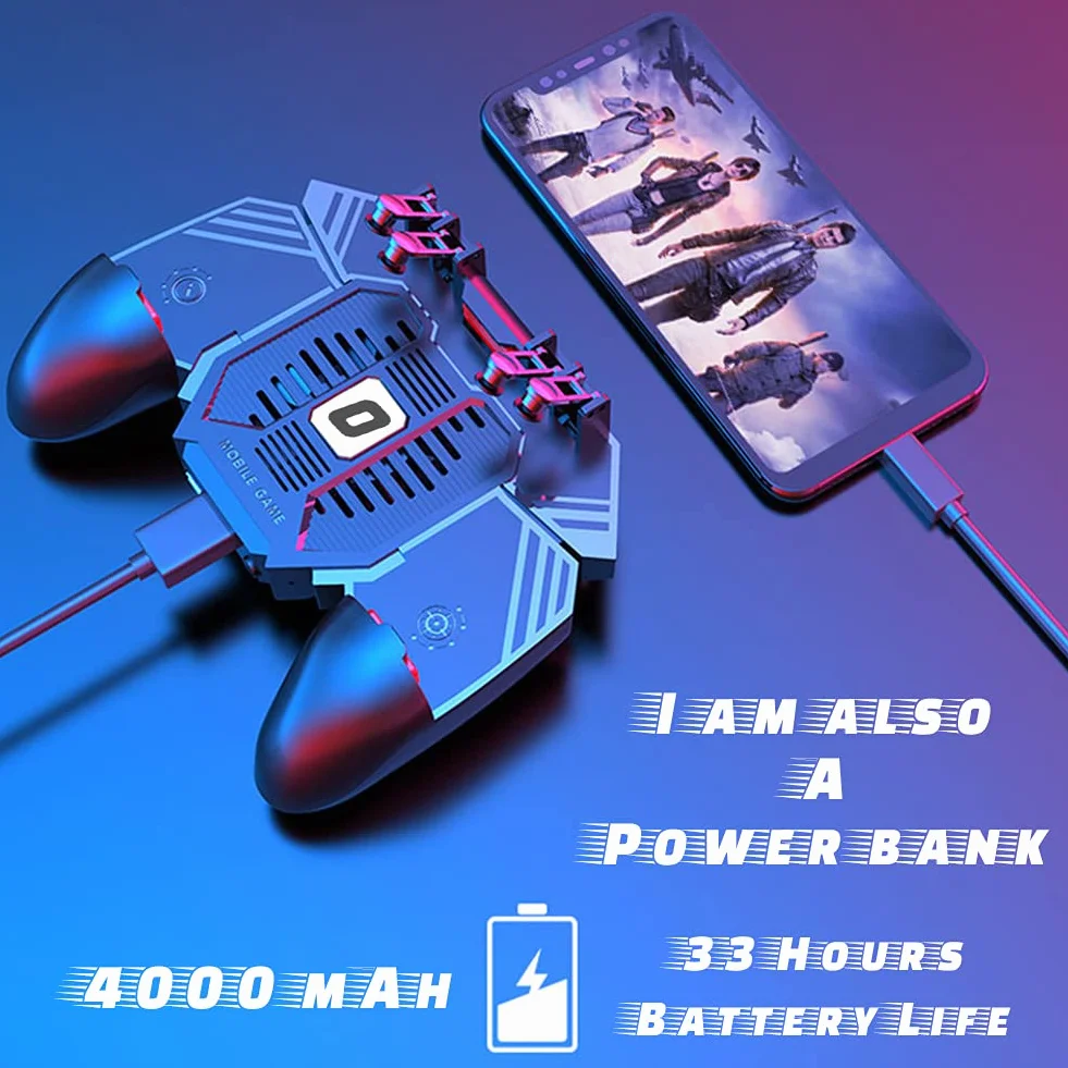 Ozkak Mobile Controller con Fan Ventola Raffreddamento, Smartphone Trigger 6 Finger L1 R1 L2 R2 per PUBG COD Telefono Cellulare iPhone iOS Android Larghezza da 67 a 90 mm