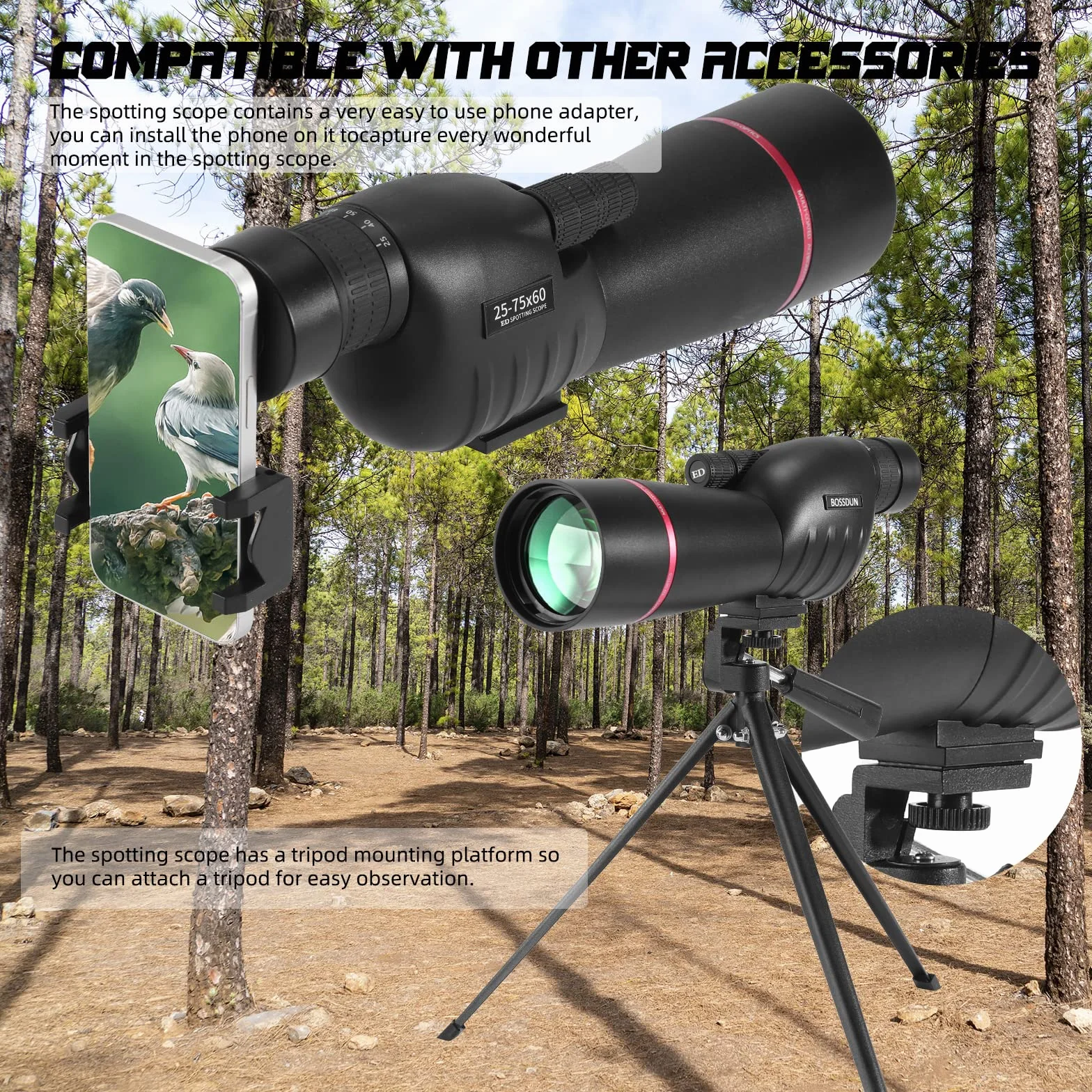 Cannocchiale, Telescopio Ultra HD 25-75X60, doppia messa a fuoco ED, impermeabile Cannocchiale FMC Lens-BAK4 Prism con custodia per il trasporto Treppiede per il tiro al bersaglio Caccia Bird Watching