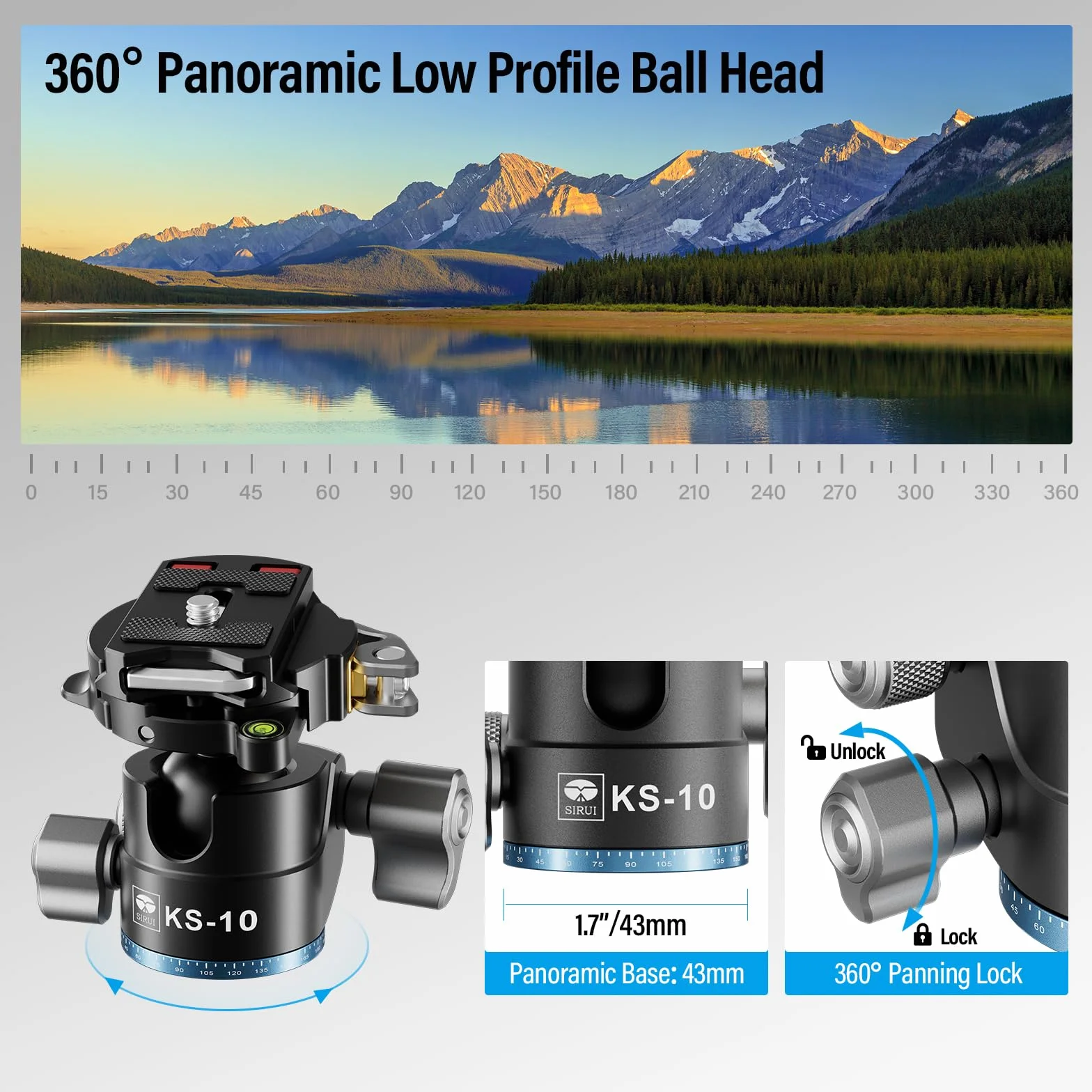 SIRUI KS-10 Testa a Sfera per Treppiede, Testa a Sfera a Basso Profilo da 29mm, Testa Panoramica a 360° in Alluminio per Fotocamera DSLR, Videocamera, Treppiede, Monopiede, Carico Massimo 15kg