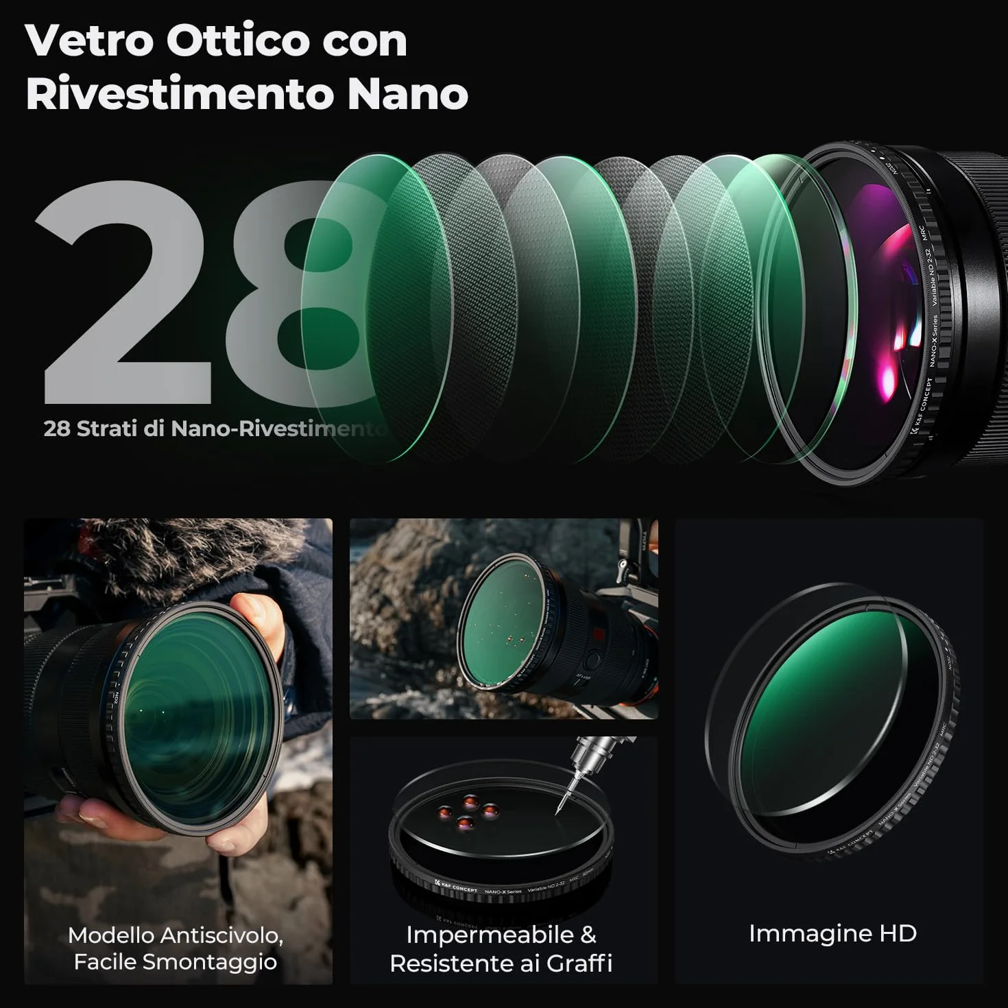 K&F CONCEPT Nano-X 77mm Filtro Variabile ND2-32 (1-5 stop) di Vetro Ottico con Rivestimento Nano a 28 Strati per obiettivi 77mm