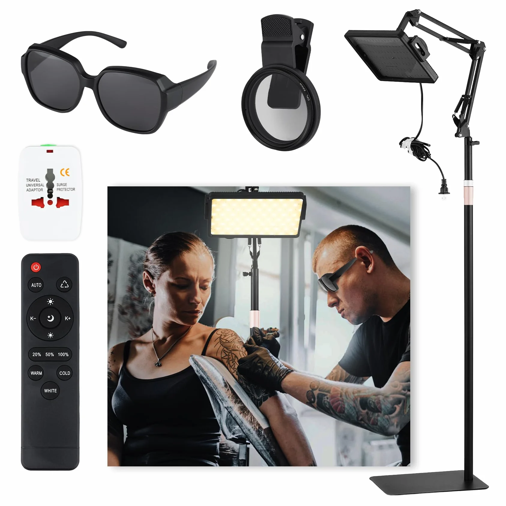 Lampada da lavoro a LED polarizzata con lenti per visione del tatuaggio e cornice extra per eliminare le ombre, alta definizione, dotata di supporto per luci a 360°