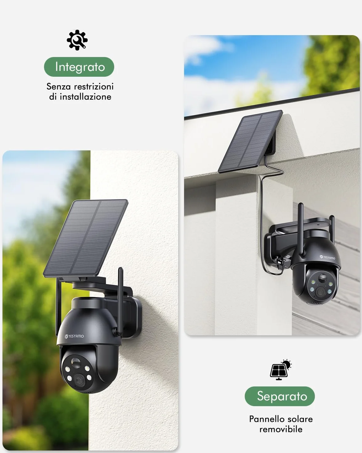 YESYAMO 2K Telecamera WiFi Esterno Senza Fili Pannello Solare, Videocamera Sorveglianza a Batteria 360° PTZ Visione Notturna Colori Audio Bidirezionale IP66