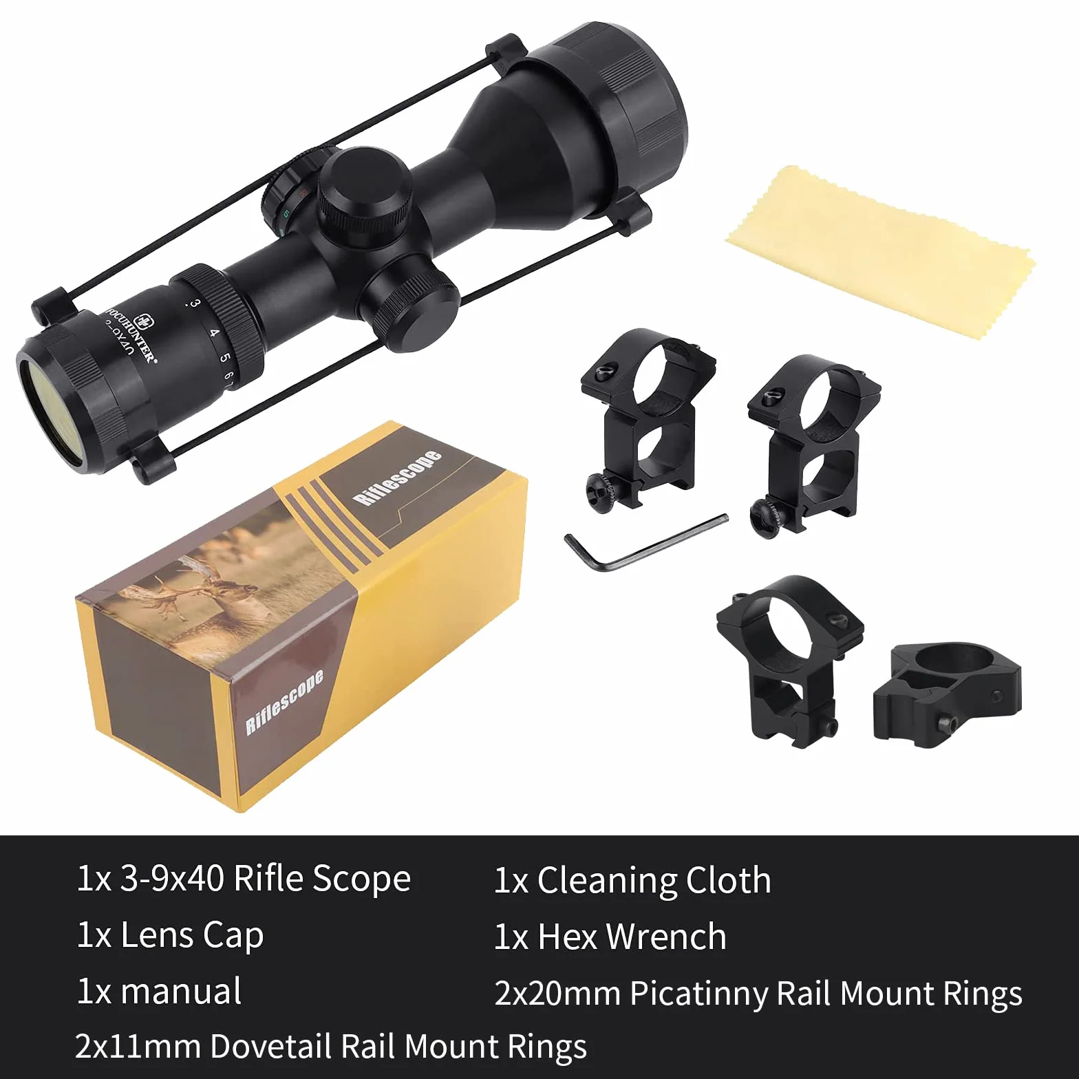 Cannocchiale da Puntamento Tattico 3-9x40E Rifle Scope Mirino Ottico Compatto con Anelli Montaggio Weaver 20 mm