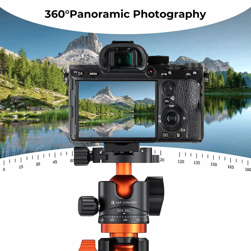 K&F Concept Testa a sfera per treppiede in metallo da 36 mm Rotazione a 360 gradi Panoramica con piastra a sgancio rapido da 1/4 di pollice Livella a bolla Capacità di carico fino a 35,2 libbre/16 kg