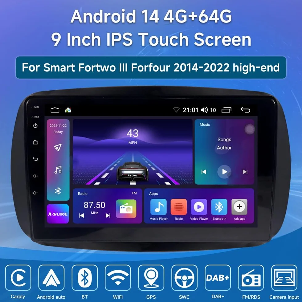 4+64G Android 13 Autoradio per Mercedes Smart Forfour Fortwo 453 2014-2022, 9 pollici Wireless Touch Screen Radio Fortwo 453 Bluetooth Carplay Android Auto 2 Din Radio con telecamera posteriore