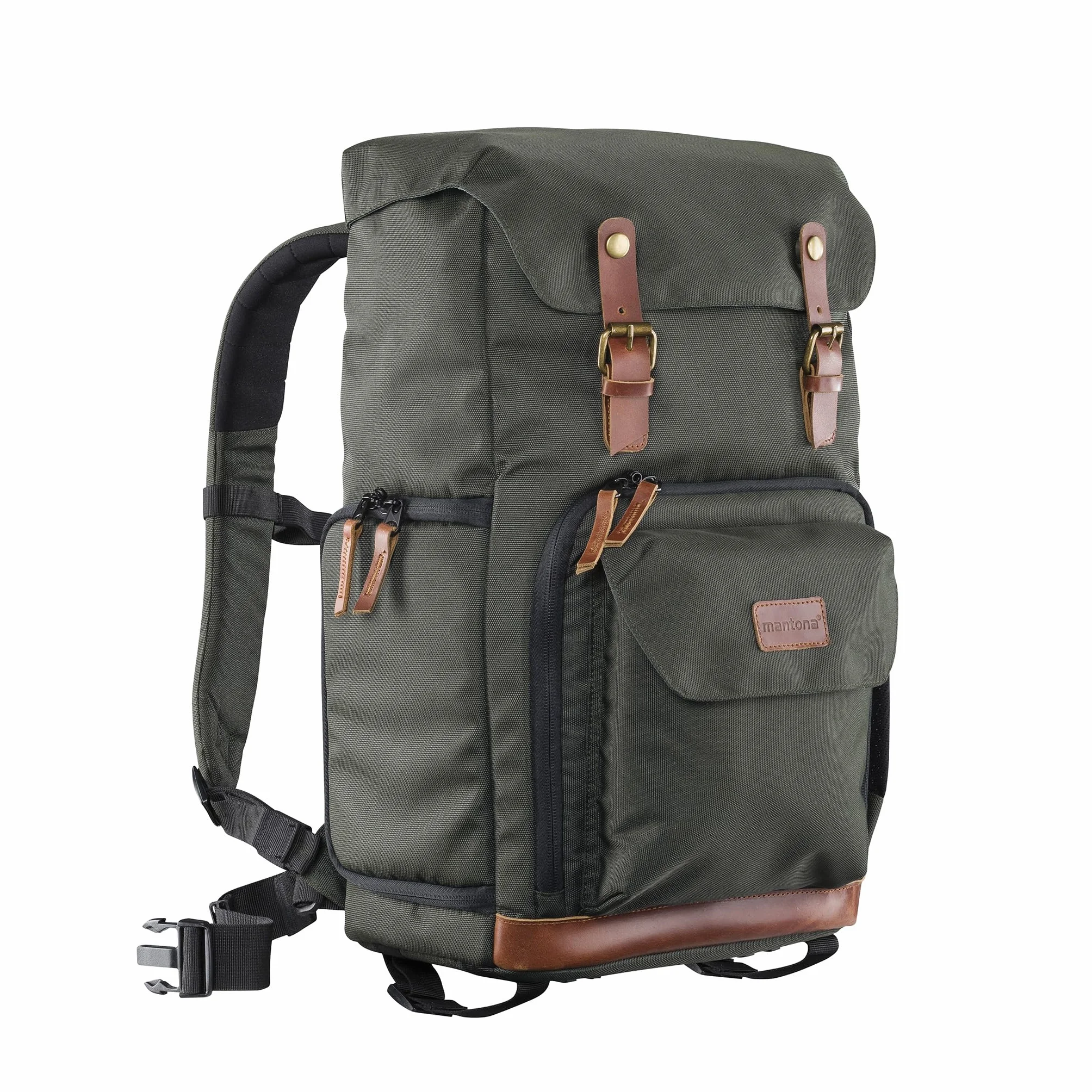 Mantona Luis Retro Zaino fotografico verde, per fotocamera con copertura antipioggia, borsa fotografica con scomparto per laptop, DSLR, 3 obiettivi e accessori fotografici